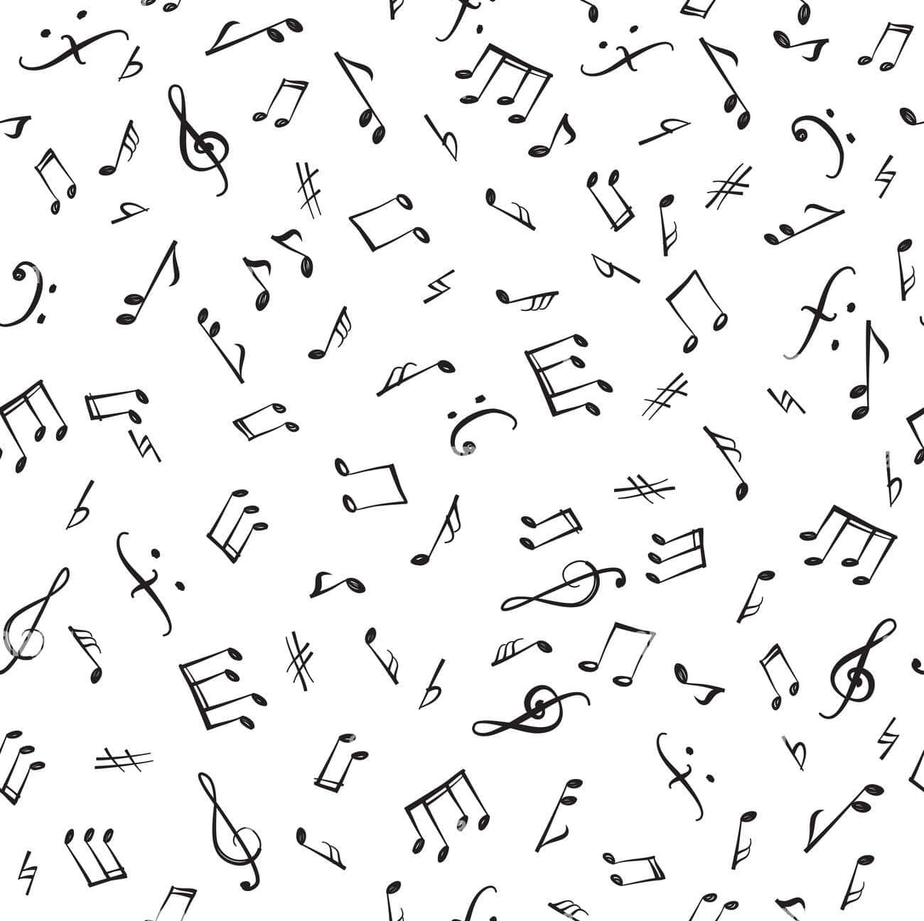 極簡主義音樂符號背景 壁紙 — 一個無縫圖案，黑色音符和符號散落在白色背景上。