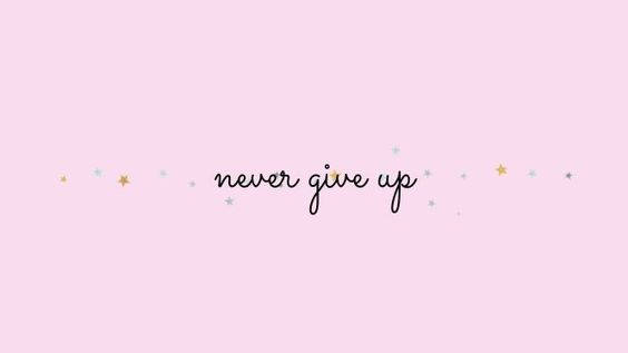 粉紅色背景，帶有「never give up」字句和散落的星星