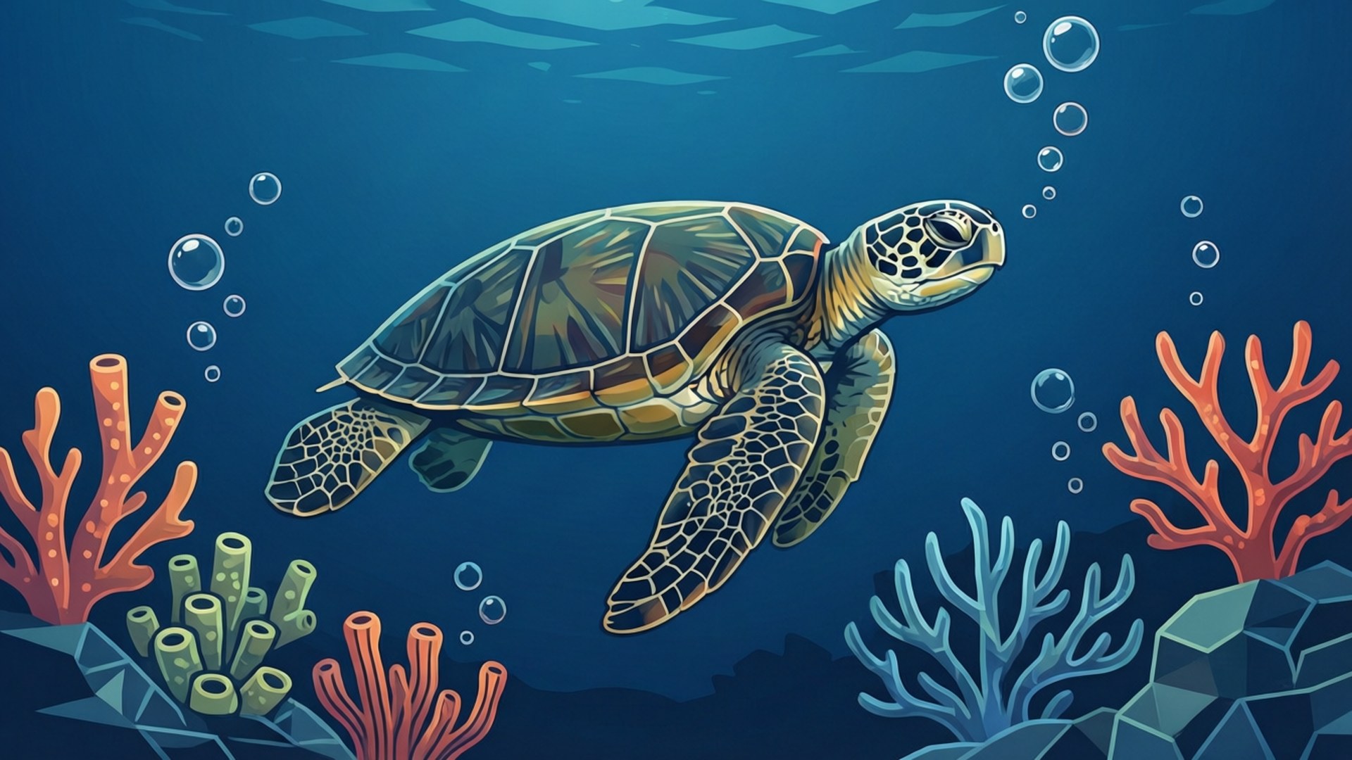 極簡向量海龜 壁紙 — 一隻海龜優雅地滑過深藍色的海水，經過色彩繽紛的珊瑚礁和上升的氣泡。