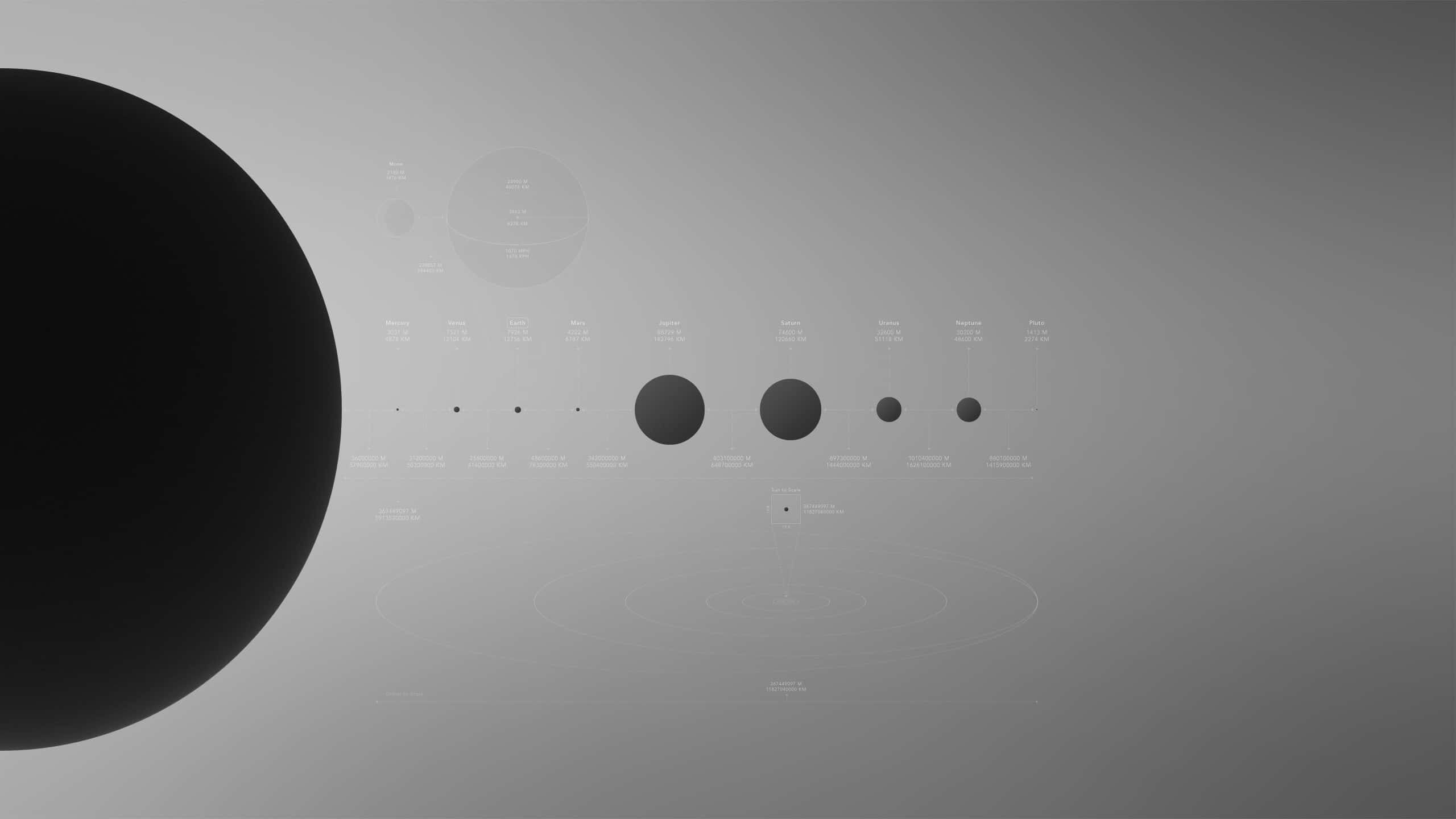 Minimalist Monochrome 桌布 壁紙 — 極簡單色宇宙場景，一個大型黑色球體與較小的行星球體排列在漸變灰色虛空中。