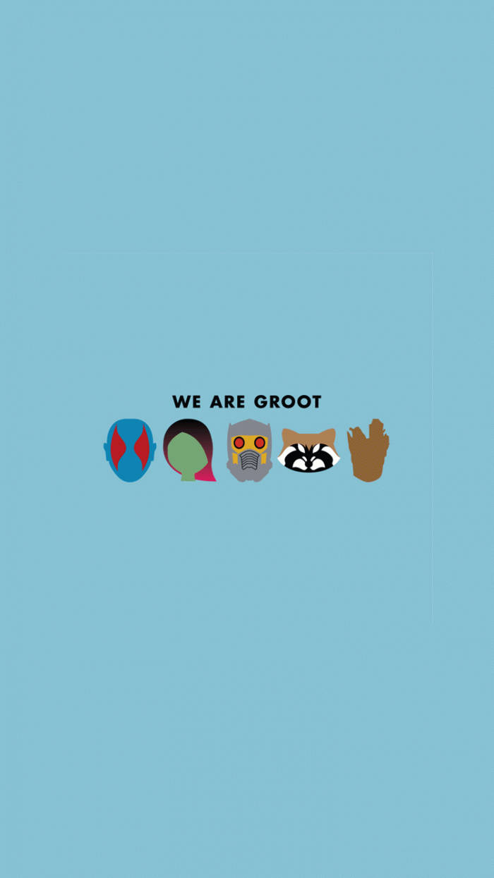 藍色背景上五個卡通角色頭像，帶有「WE ARE GROOT」文字。