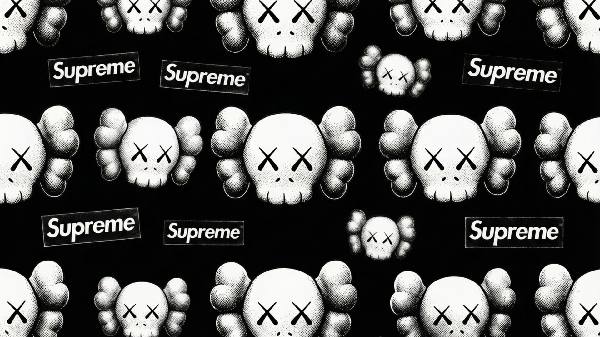 KAWS 骷髏頭與 Supreme 標誌的黑白重複圖案。