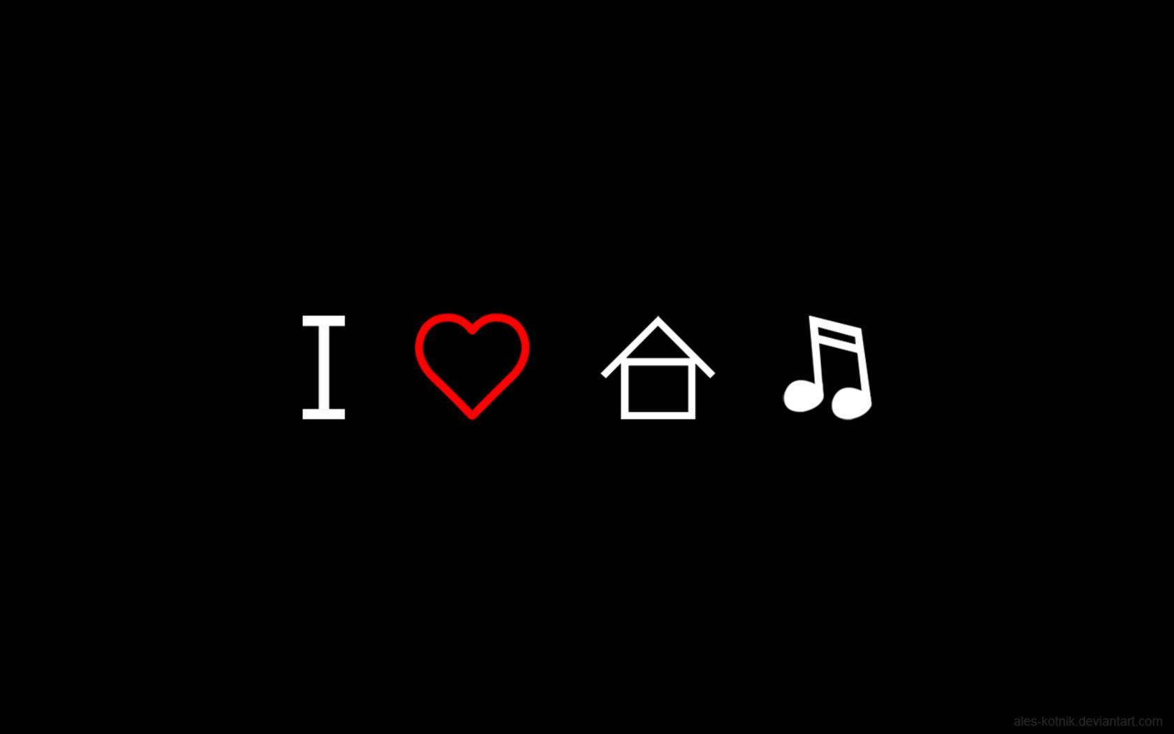 文字圖形，在黑色背景上顯示帶有紅色心形和音符的「I heart music」