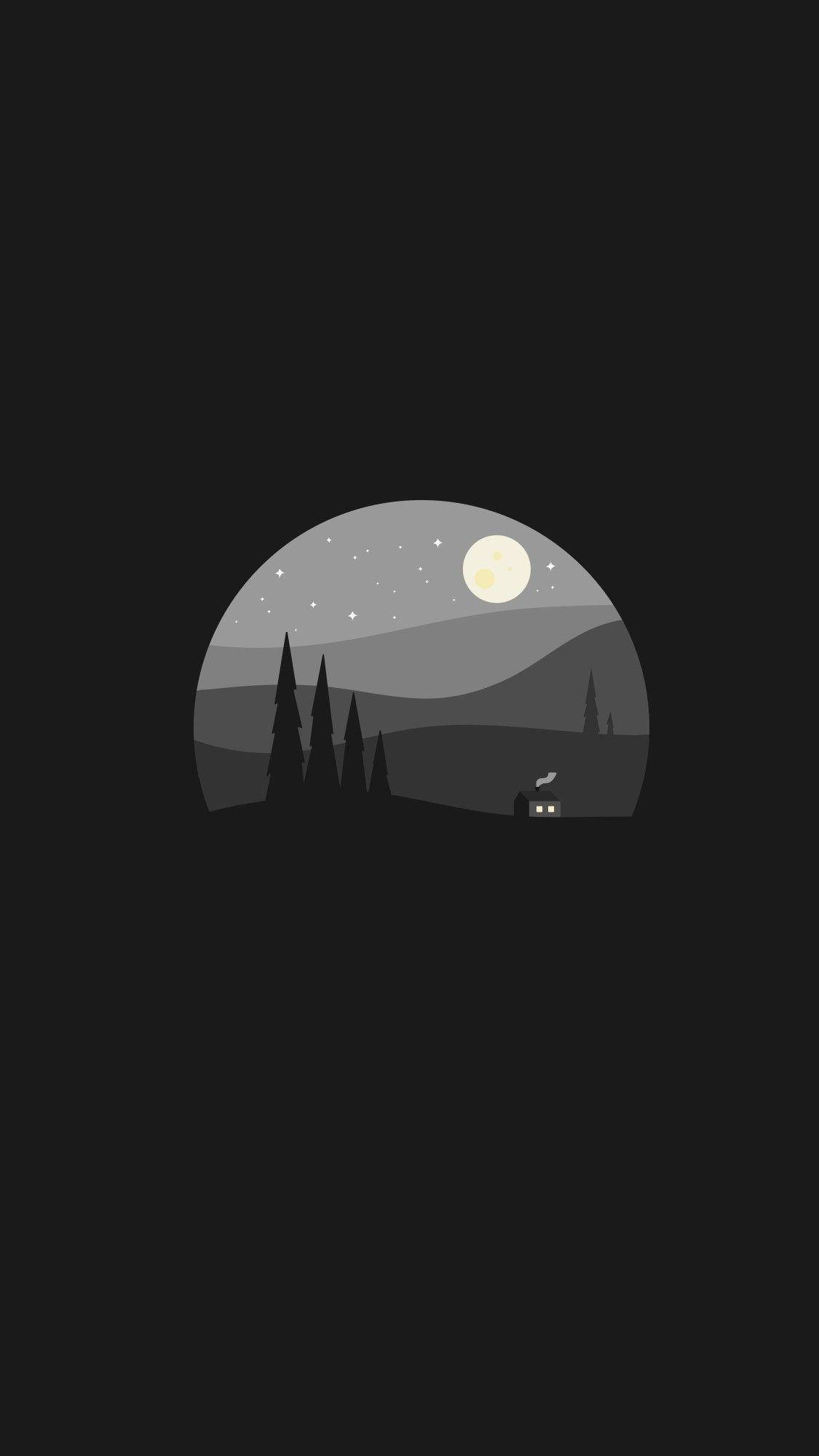 vector 桌布 壁紙 — 極簡夜景，一輪發光的月亮高懸於剪影樹木和遠處冒煙的房屋之上。