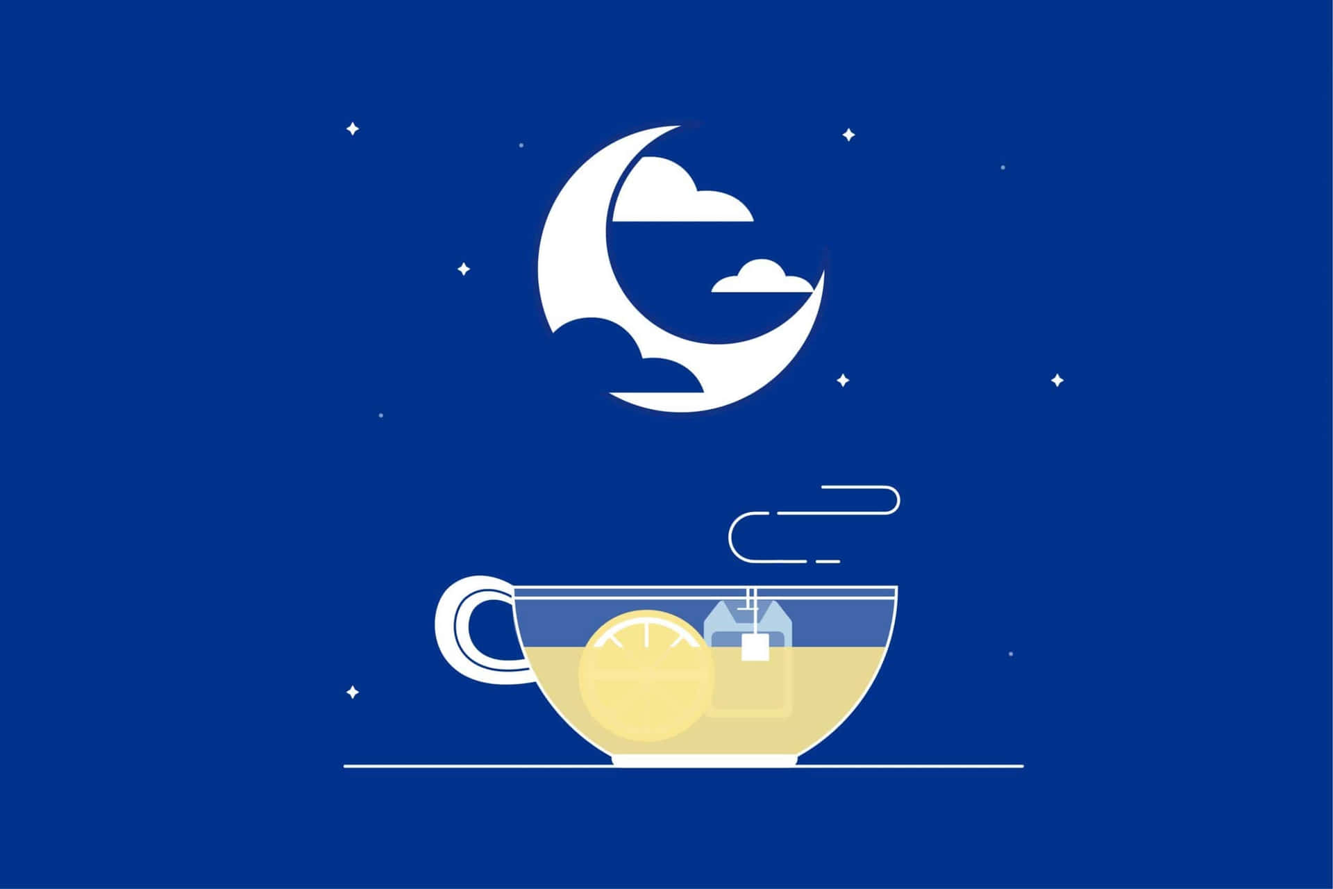 極簡夜間茶飲插畫 壁紙 — 在深藍色夜空下，一彎新月和星星下的一杯冒煙的檸檬茶。