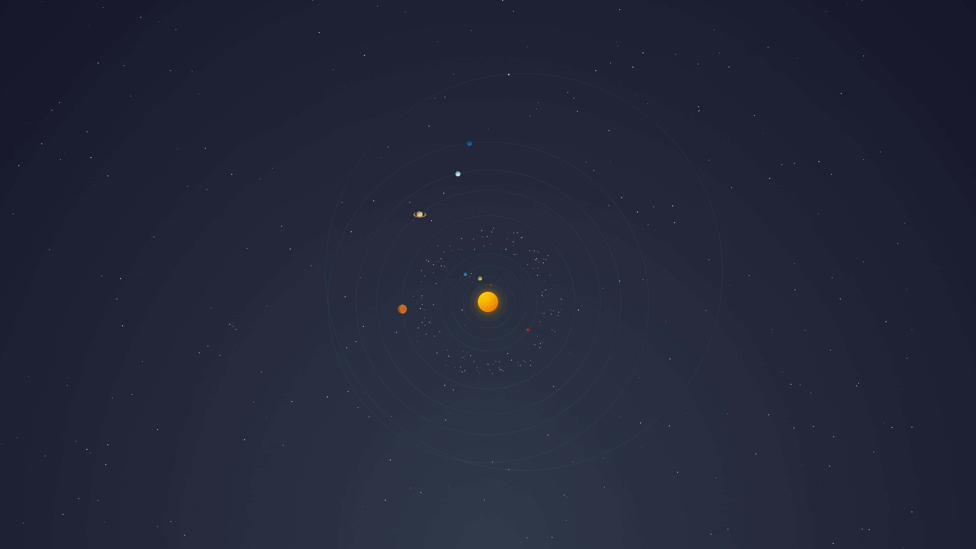 極簡太空——遨遊宇宙 壁紙 — 一個極簡的數位插圖，描繪太陽系，中心有一顆發光的黃色太陽，周圍環繞著軌道行星和微弱的同心環，背景是星光點點的深藍色太空。