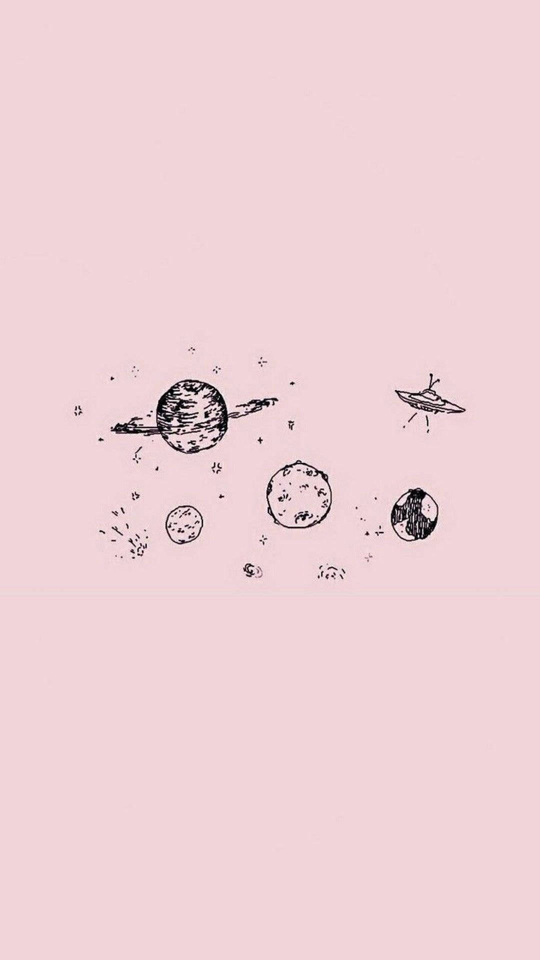 粉紅色背景，帶有行星和UFO的黑色墨水素描。