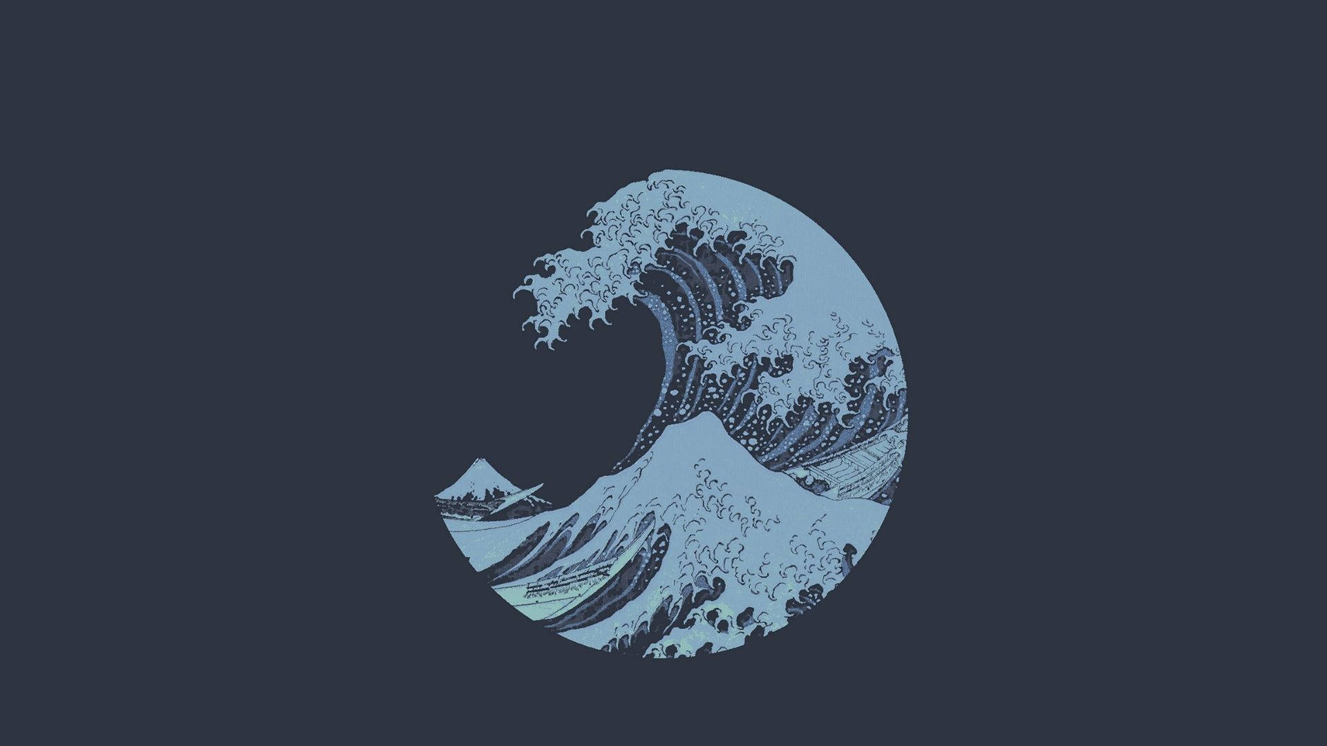 極簡巨浪 壁紙 — 在深藍色背景上，一幅風格化的圓形插圖，描繪了神奈川沖浪裏。