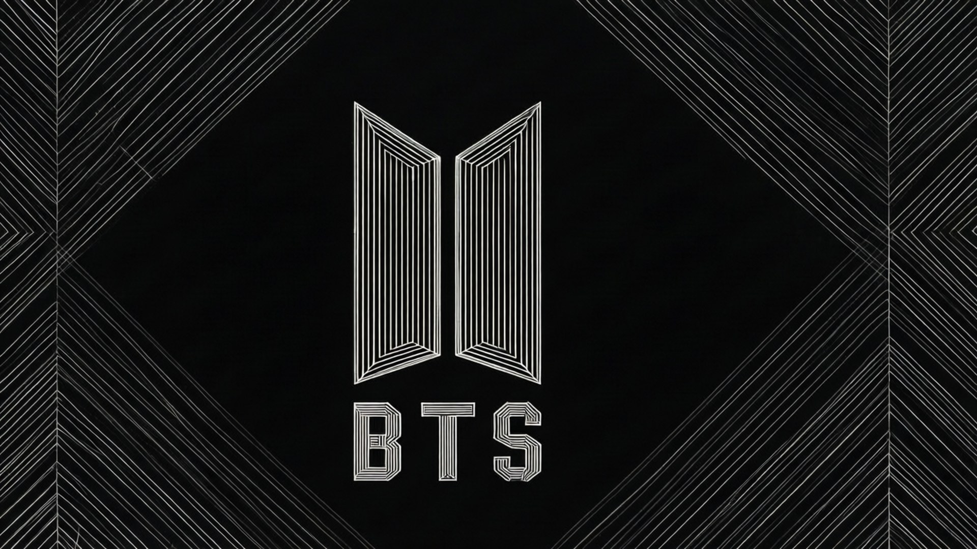 黑色背景上的白色BTS標誌，帶有幾何線條圖案。