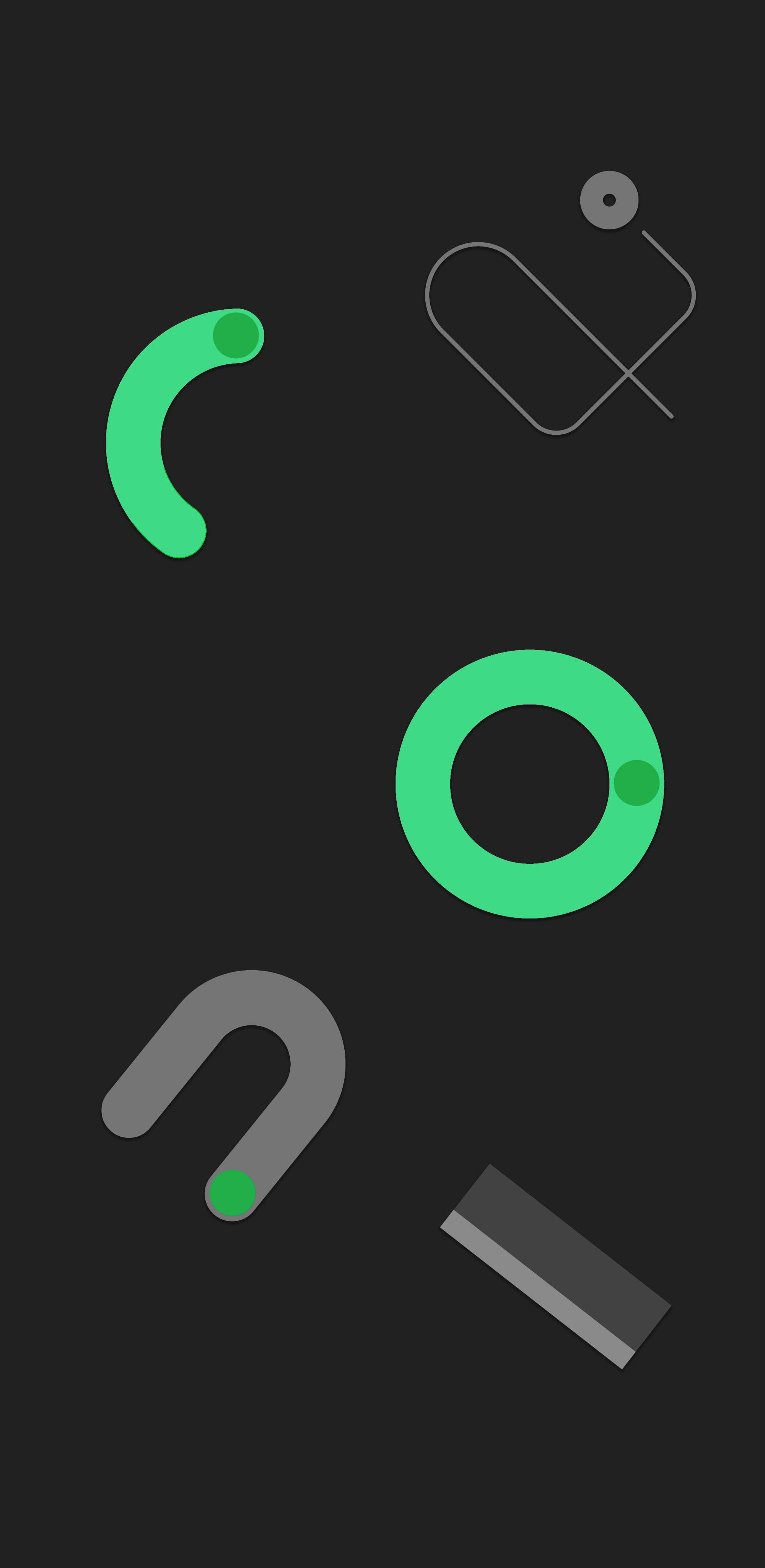 Shapes 桌布 壁紙 — 極簡抽象壁紙，深色背景上漂浮著綠色和灰色的幾何形狀。