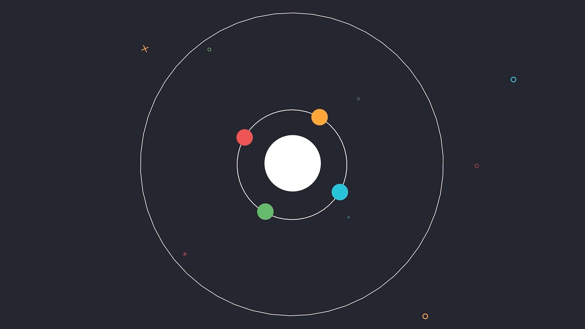 Game Animation 桌布 壁紙 — 極簡抽象插圖，描繪一個白色中心球體，四個彩色球體在深色背景上沿著同心白色路徑運行。
