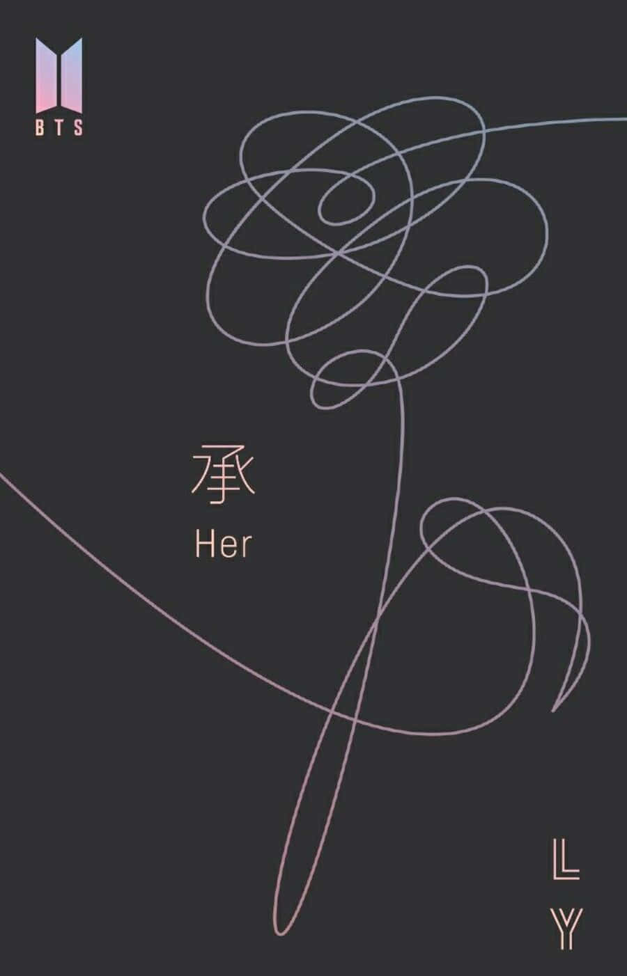 Bts Love Yourself 桌布 壁紙 — 極簡抽象線條藝術，以柔和粉紅和白色繪製的風格化玫瑰，背景為深灰色，並帶有韓文和英文文字。