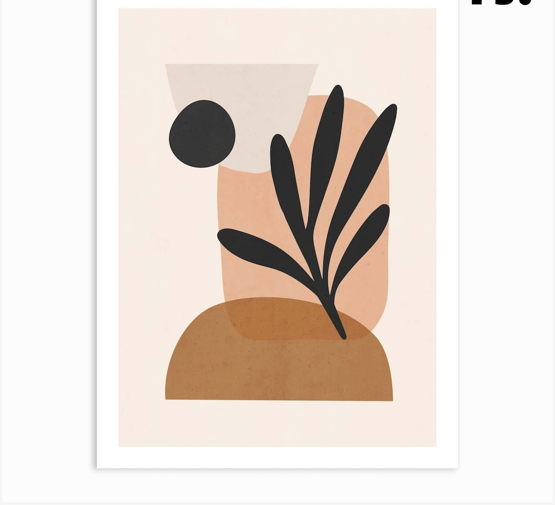 Minimalist Painting 桌布 壁紙 — 極簡抽象藝術，以黑色葉子剪影搭配柔和米色、蜜桃色和棕色幾何形狀。
