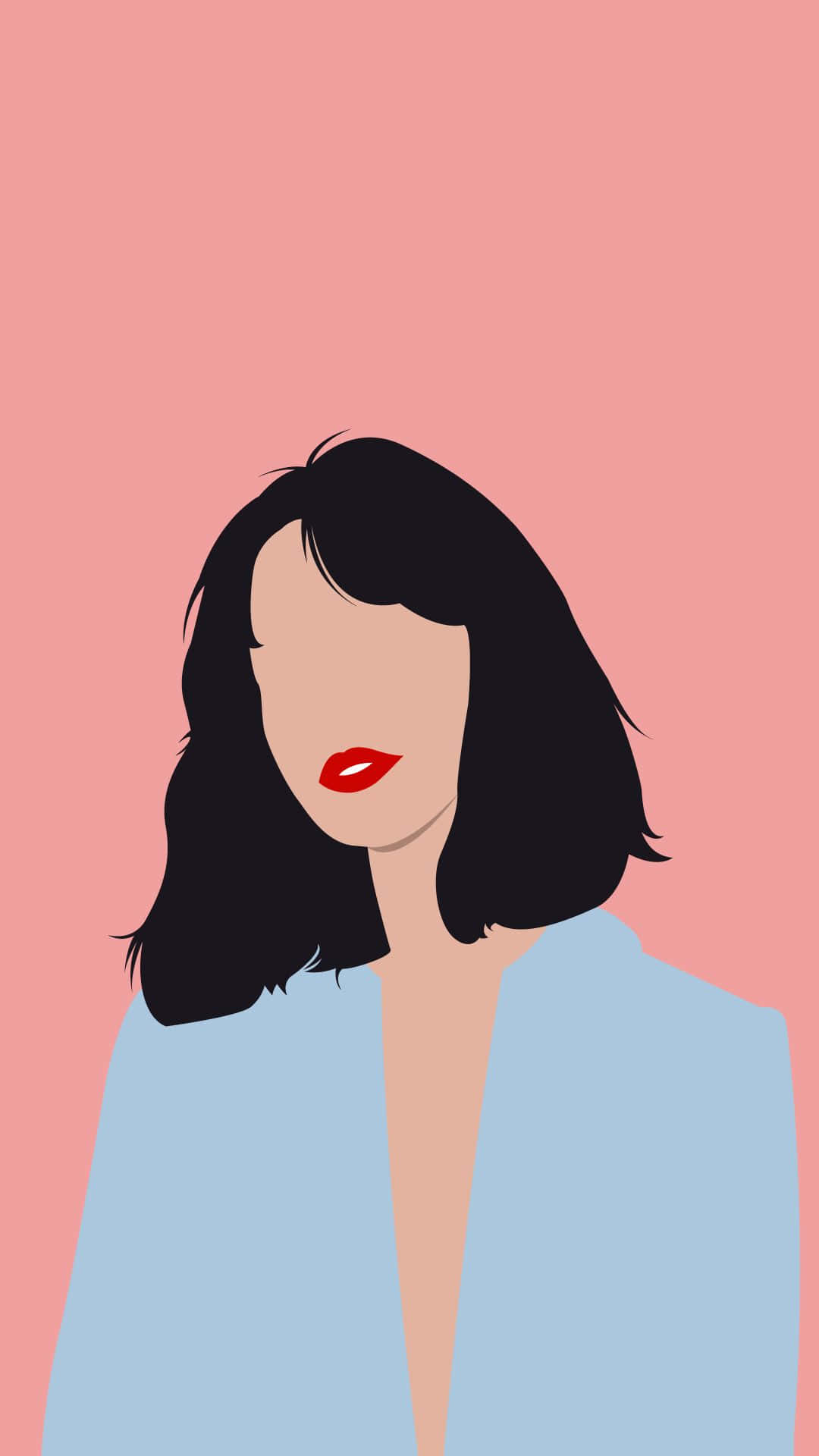 插畫 桌布 壁紙 — 極簡插圖，一位黑色鮑伯頭、大膽紅唇的女性，背景為柔和粉紅色。