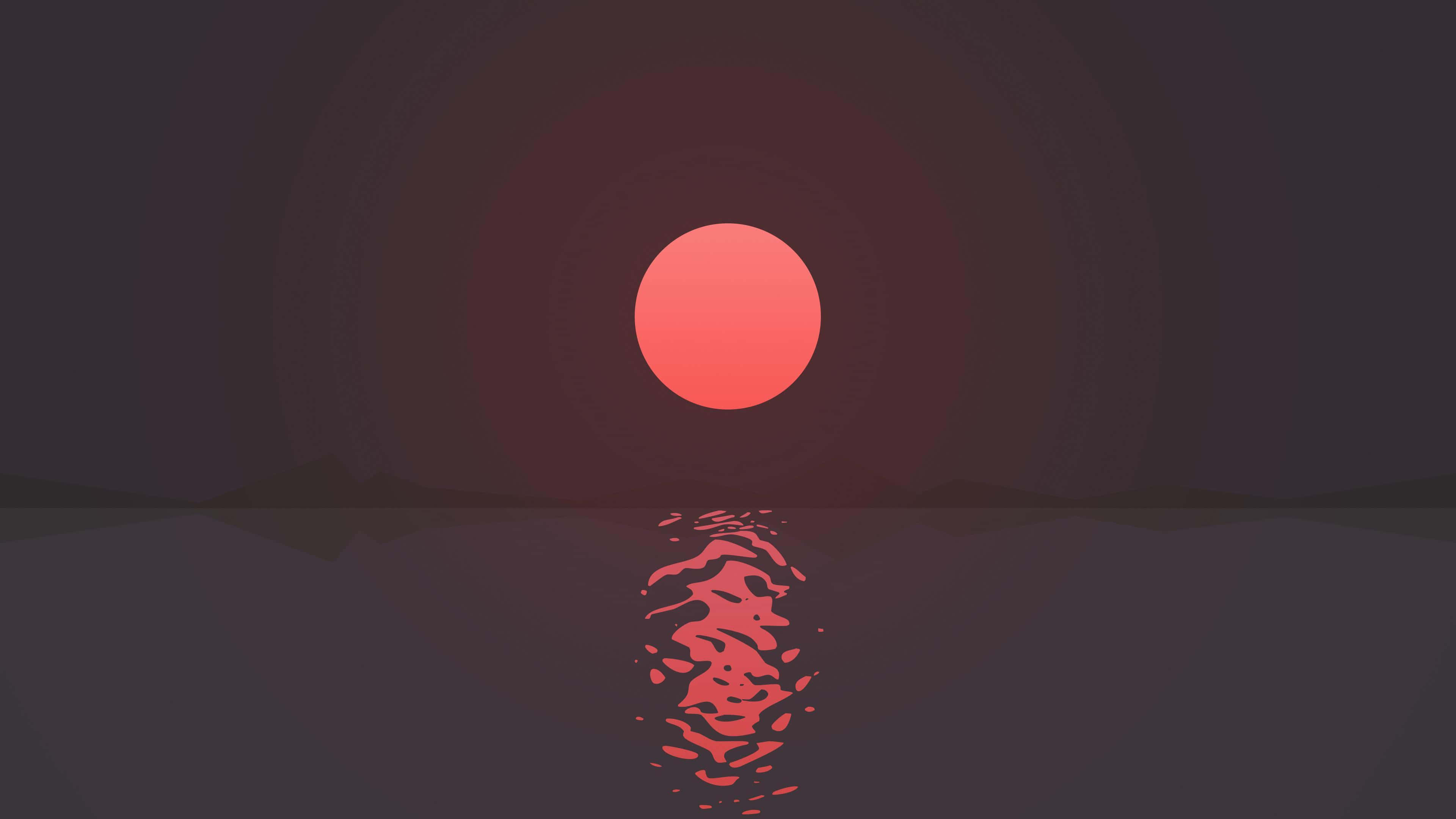 Minimalist Sunset 桌布 壁紙 — 極簡數位日落，發光的橙色太陽映照在平靜的水面上，背景是黑暗的輪廓山丘。