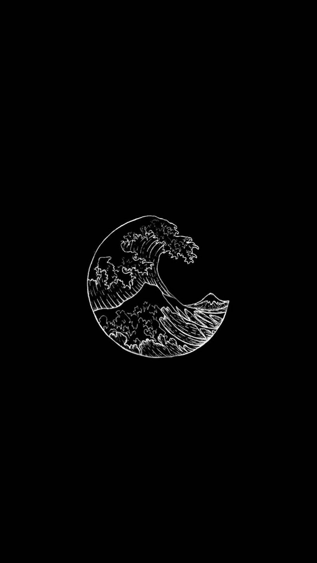 黑色背景上以白色線條繪製的新月波浪插圖