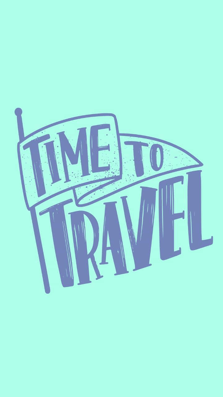 極簡明亮 720p 旅行背景 壁紙 — 薄荷綠色背景上一個風格化的紫色「TIME TO TRAVEL」標誌，帶有復古收音機天線。