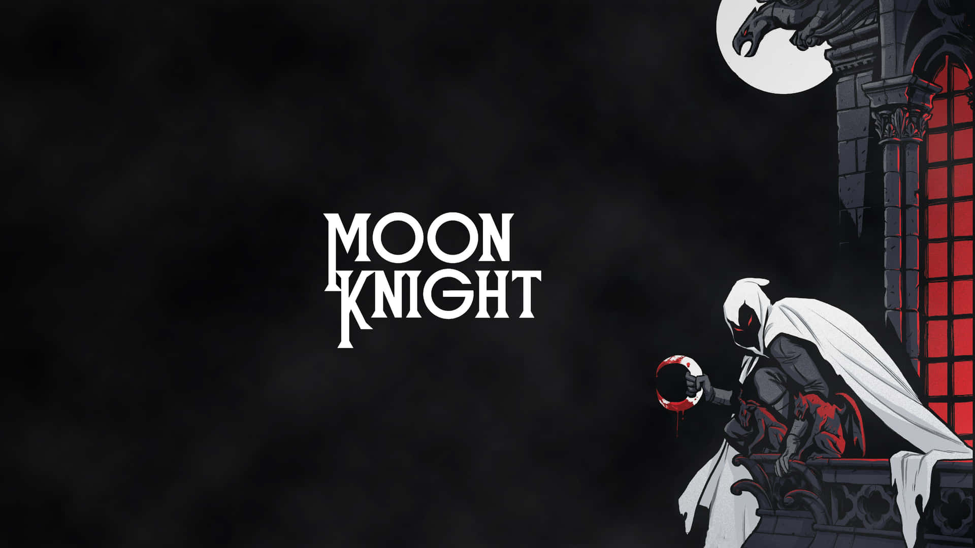 Moon Knight 著住白色斗篷，喺滿月下拎住一個血淋淋嘅球體。
