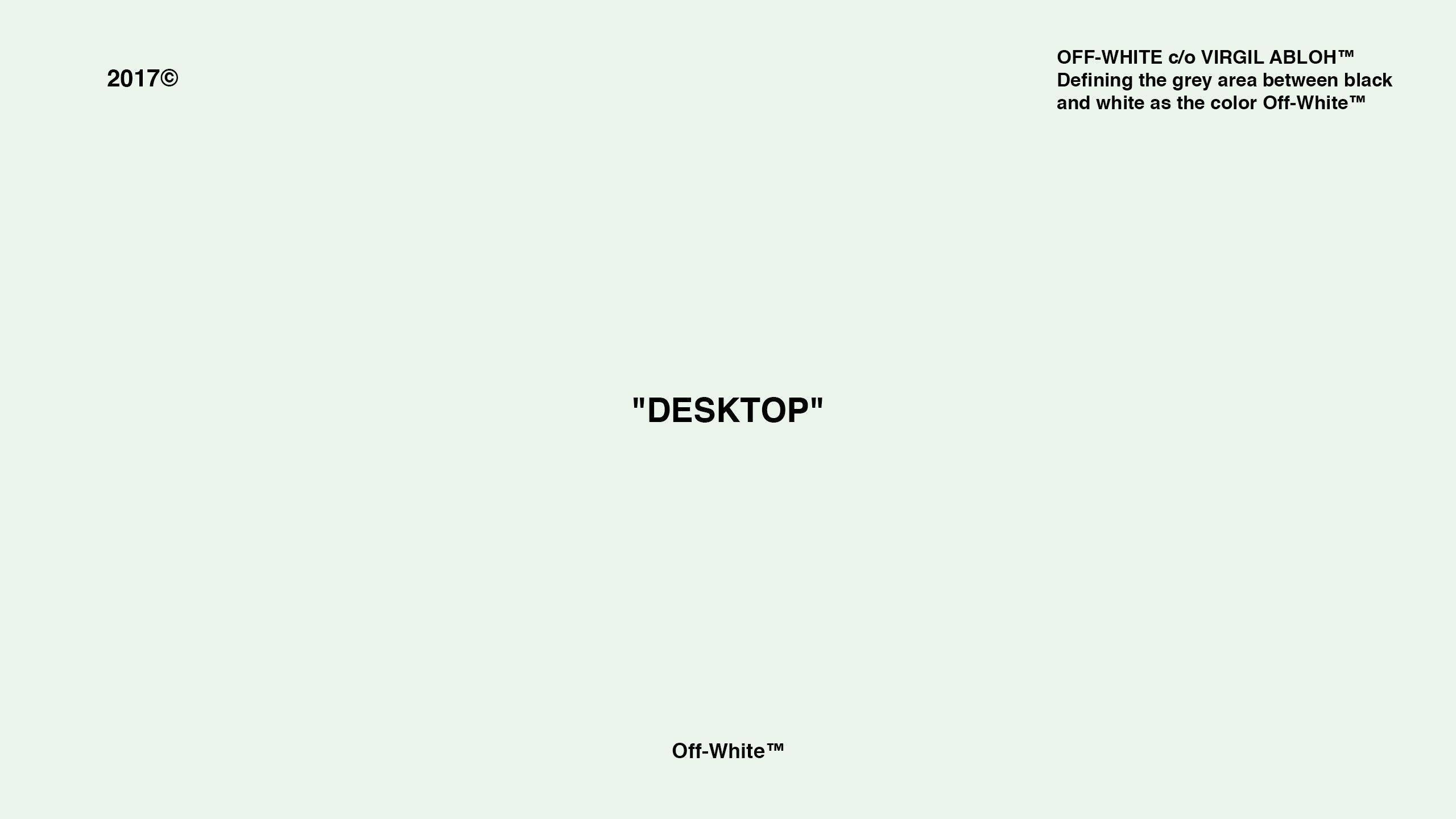 極簡桌面 Off White 標誌 壁紙 — 極簡米白色背景，中央黑色文字引用'DESKTOP'及品牌致謝。