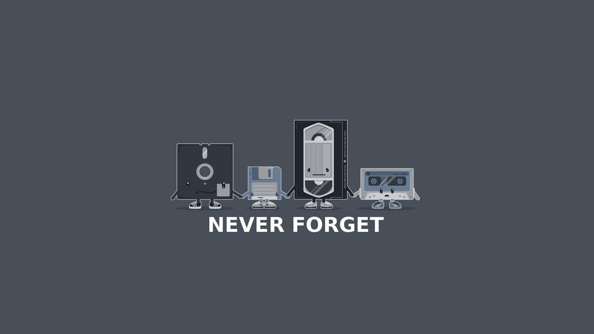 四個帶有手臂和腿的復古科技裝置，與文字 never forget 一起站立。