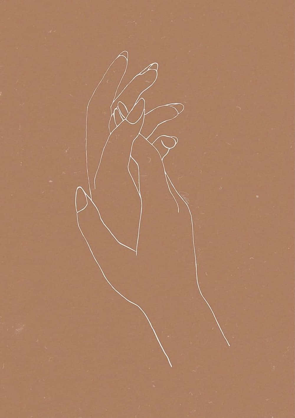 極簡棕色美學手牽手 壁紙 — 一隻手指輕輕彎曲的手的極簡白色線條畫，背景為溫暖的棕色紋理。