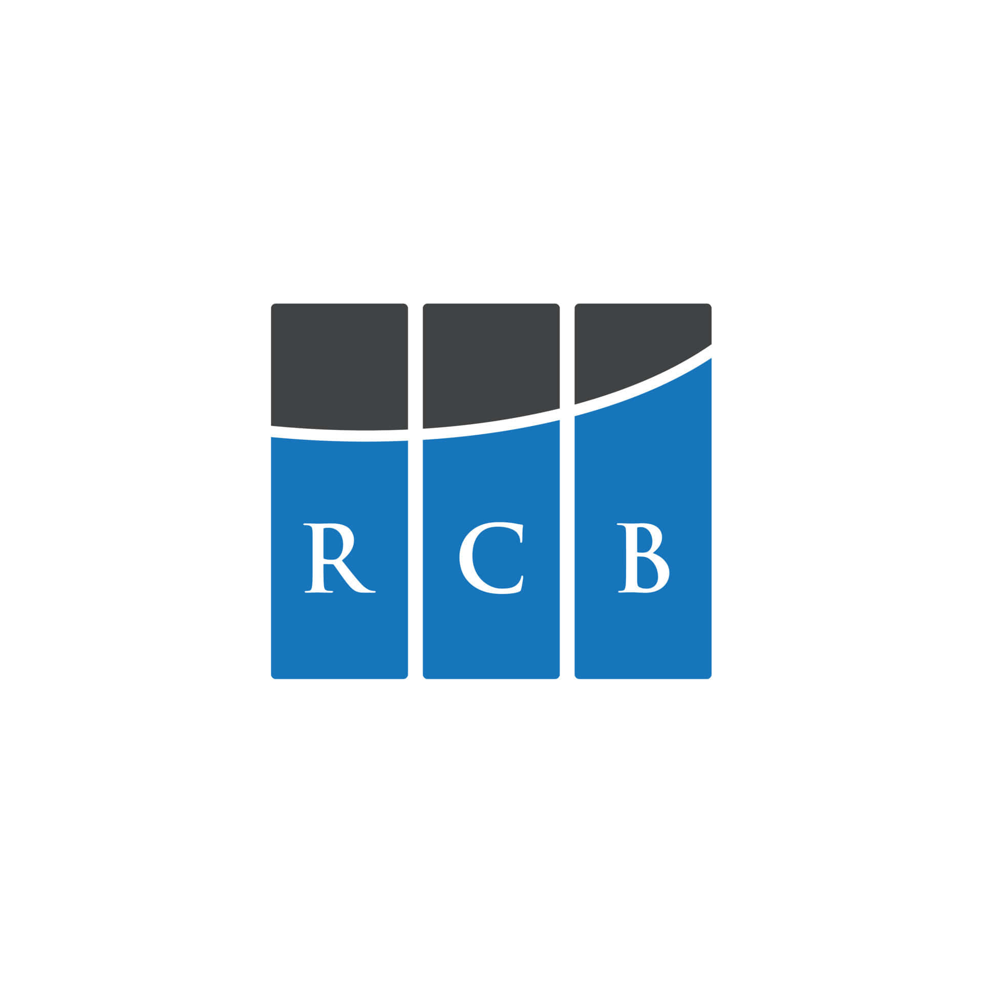Rcb 桌布 壁紙 — 極簡標誌，以三條藍色和灰色的垂直條紋顯示白色襯線字體字母 R C B。