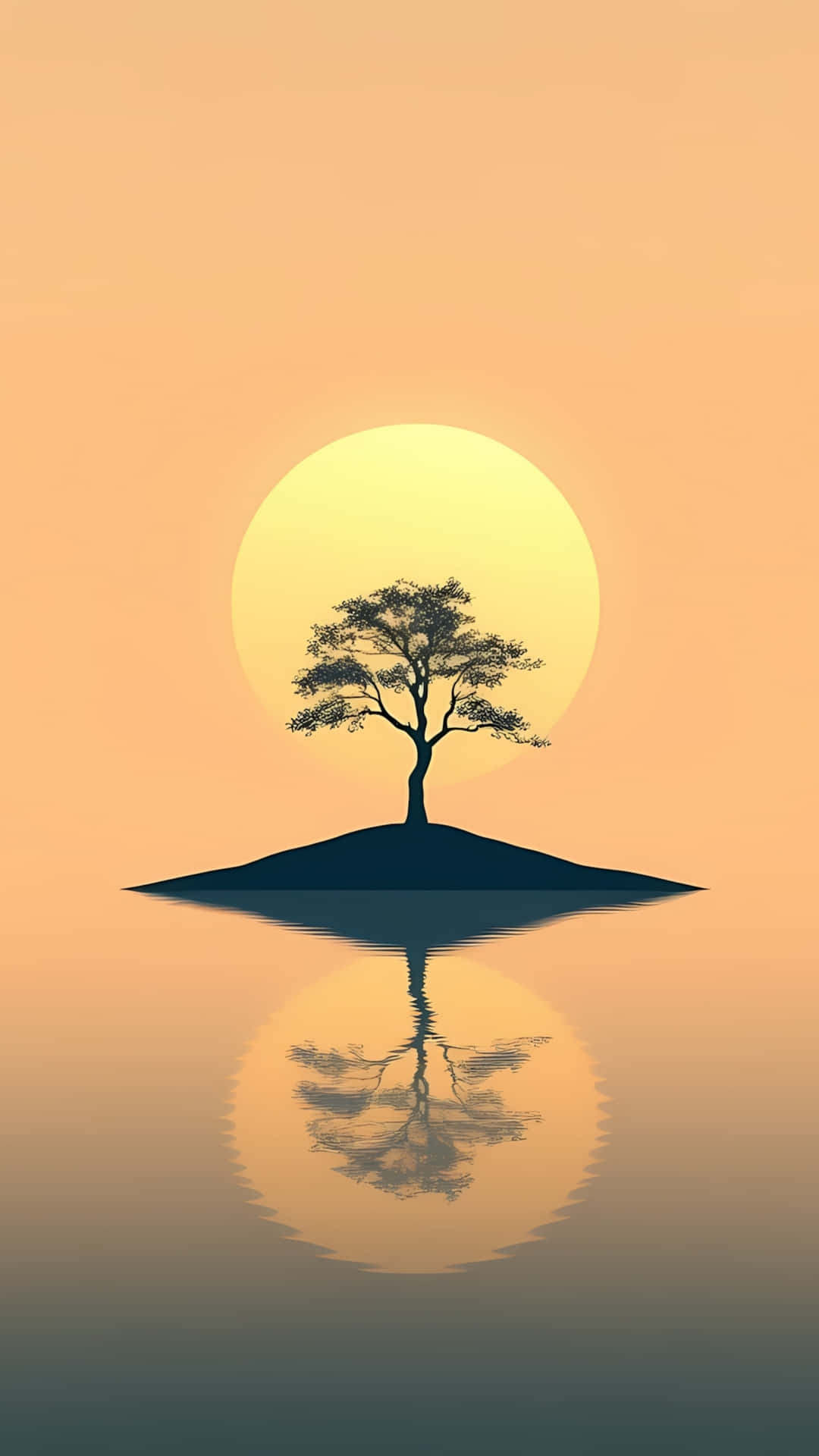 島上的一棵孤樹映照在夕陽下的靜止水面上。