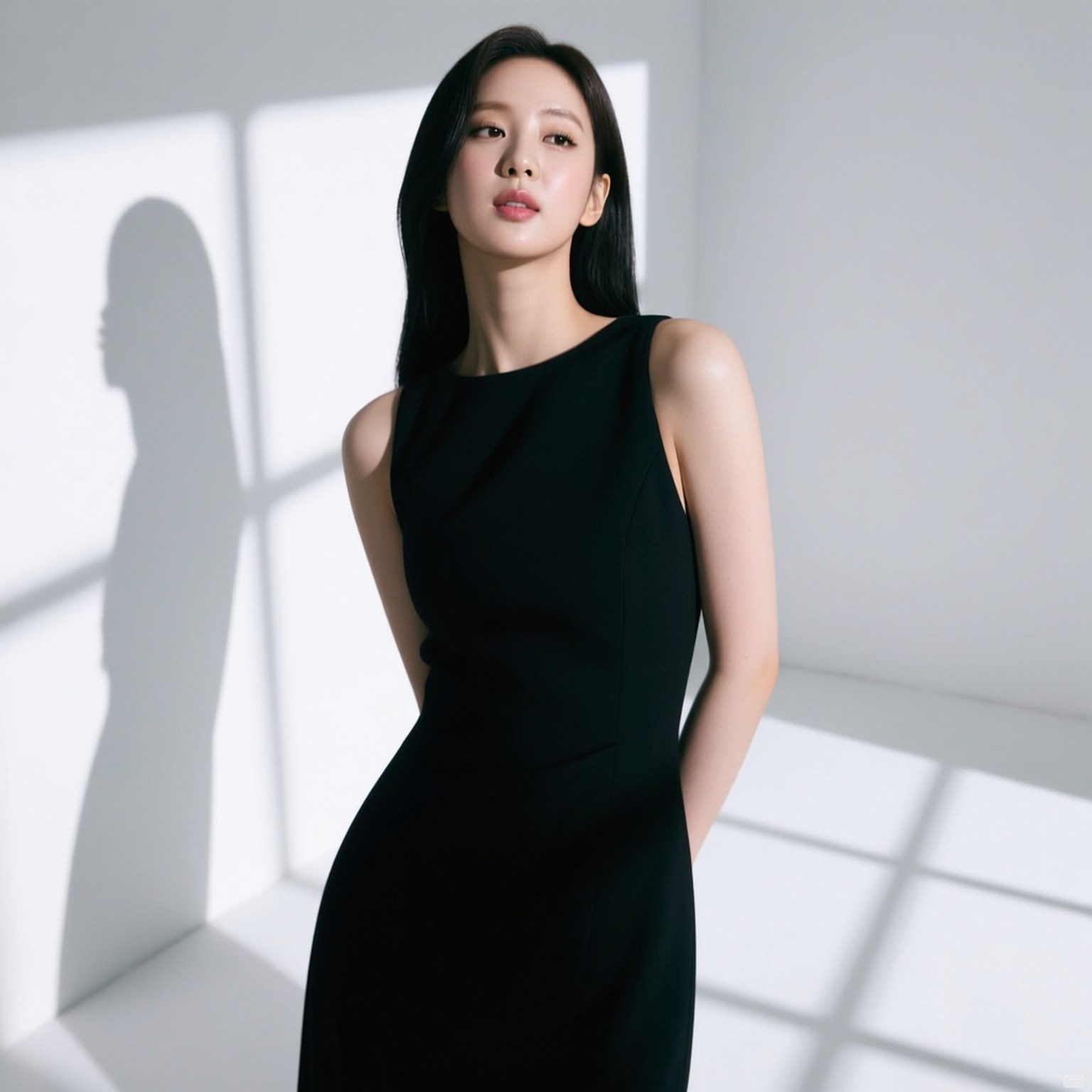 身穿黑色連衣裙的女性站在白色房間中，陽光在牆上投射影子