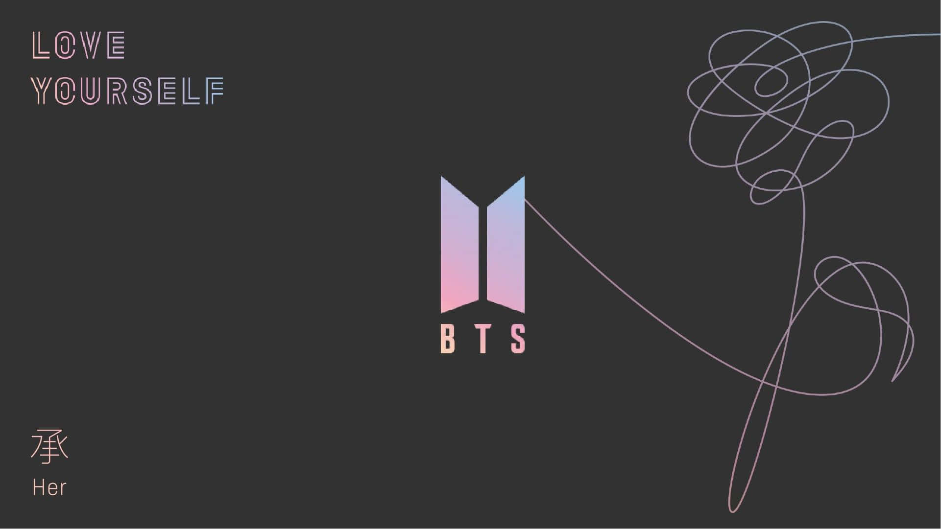Bts Love Yourself 桌布 壁紙 — 極簡深灰色牆紙， featuring BTS 標誌，帶有漸變粉紅和紫色色調及抽象線條藝術漩渦。