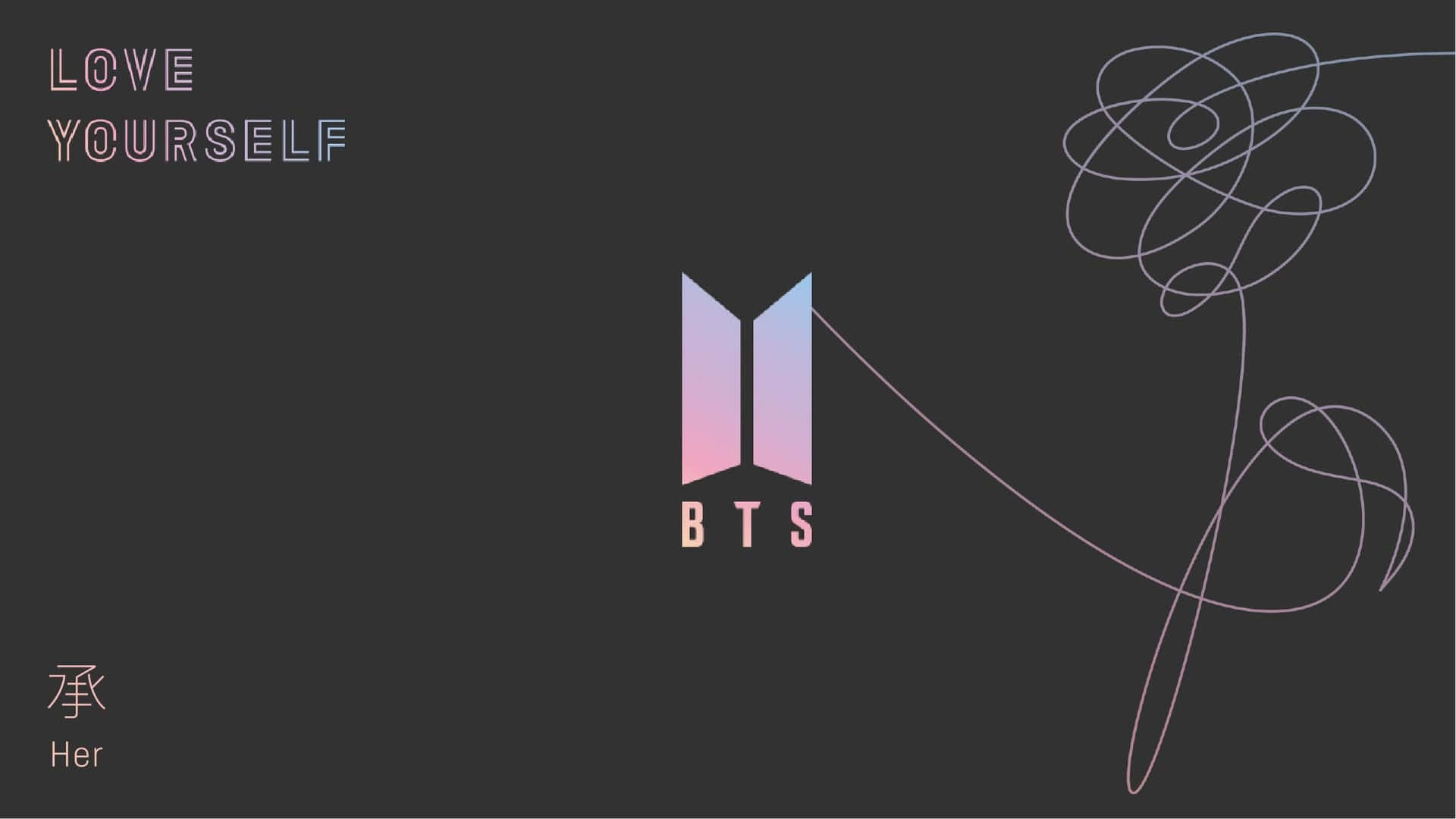 Aesthetic Korean 桌布 壁紙 — 極簡深灰色牆紙，帶有BTS標誌，採用漸變粉紅色和紫色色調以及抽象線條藝術漩渦。