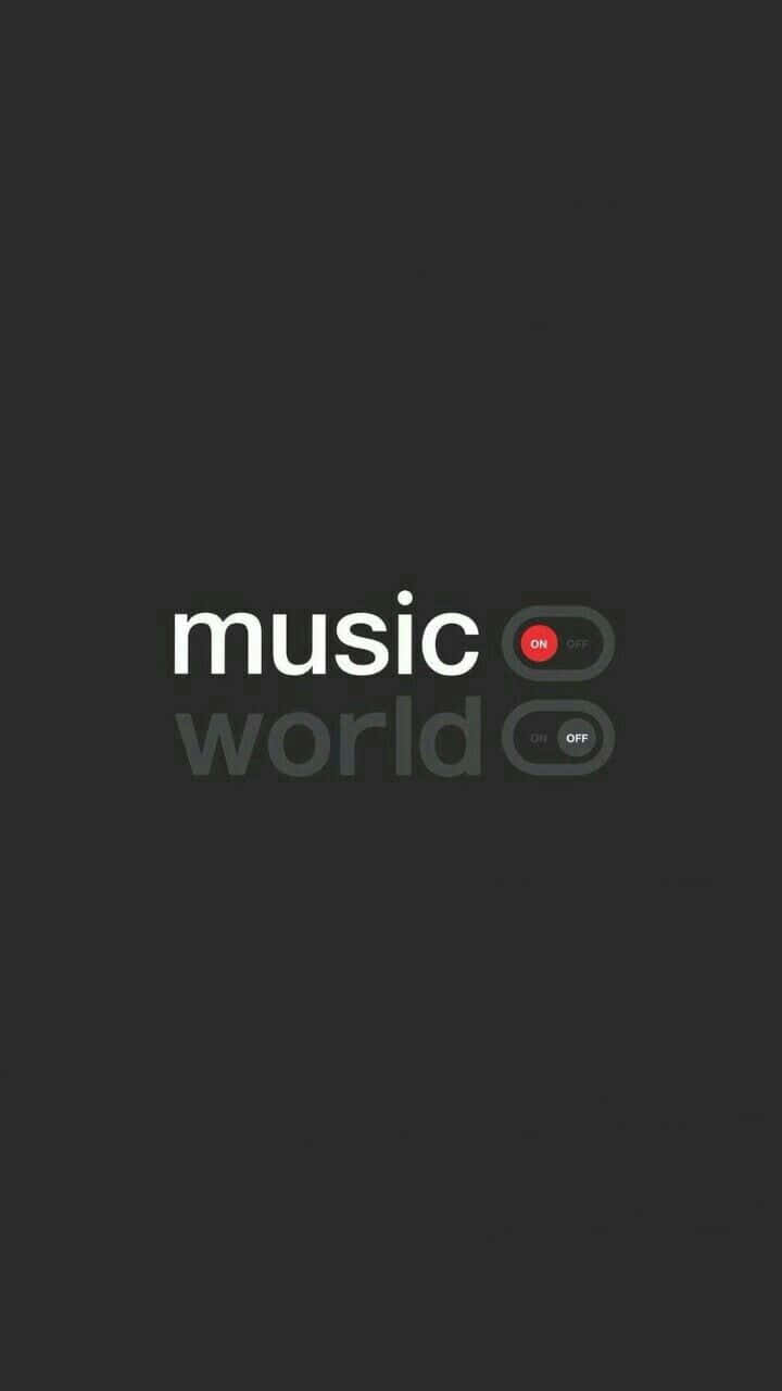 美學音樂 桌布 壁紙 — 極簡深灰色牆紙，白色文字 music world 和撥動開關，一個紅色開啟，一個關閉。