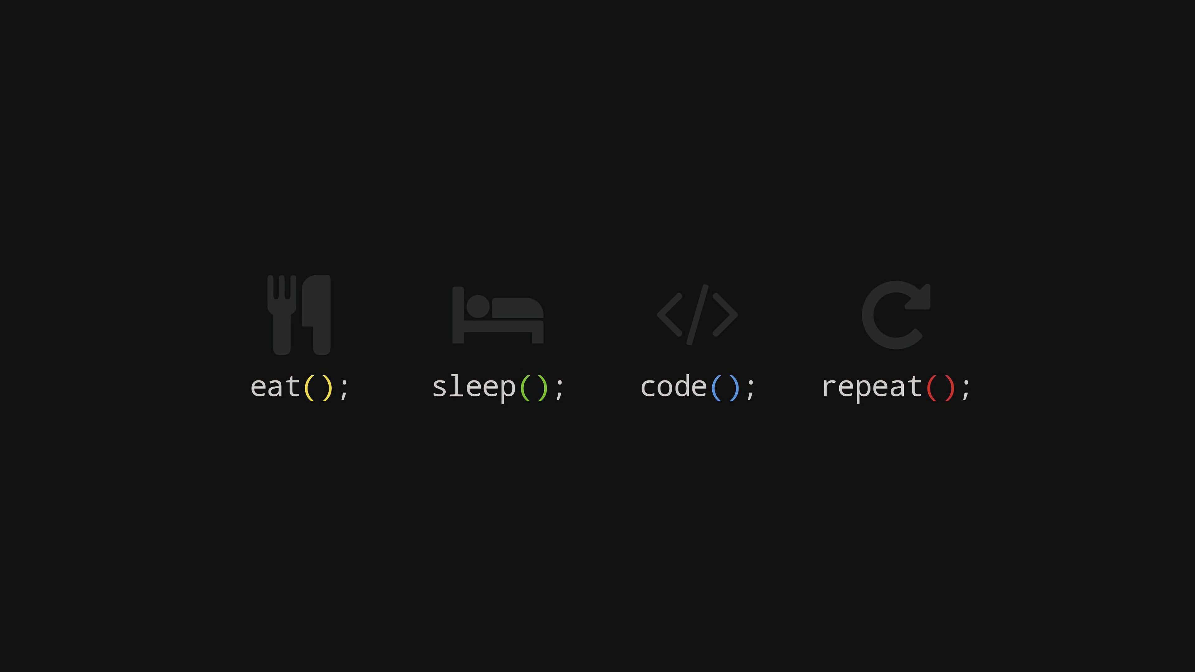 4K Programming 桌布 壁紙 — 極簡深色背景，四個彩色圖標以等寬字體標示 eat sleep code repeat。
