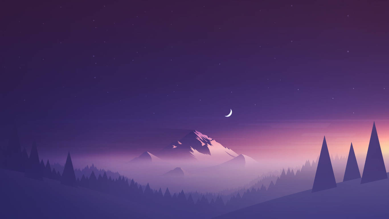 極簡淺紫風景 壁紙 — 寧靜的夜景，新月高掛在積雪的山峰之上，松樹的剪影映襯在繁星點點的紫色天空下。