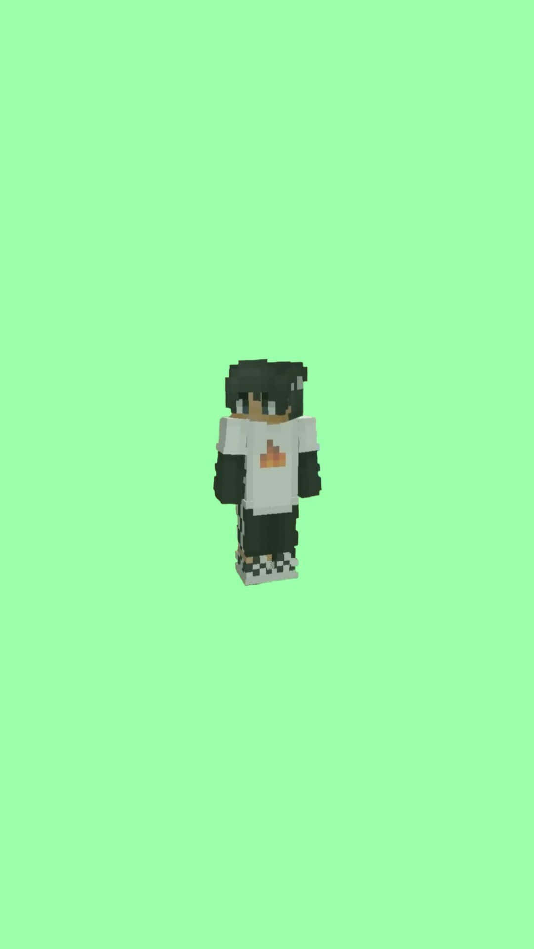 像素化Minecraft角色，白恤衫黑褲，綠色背景