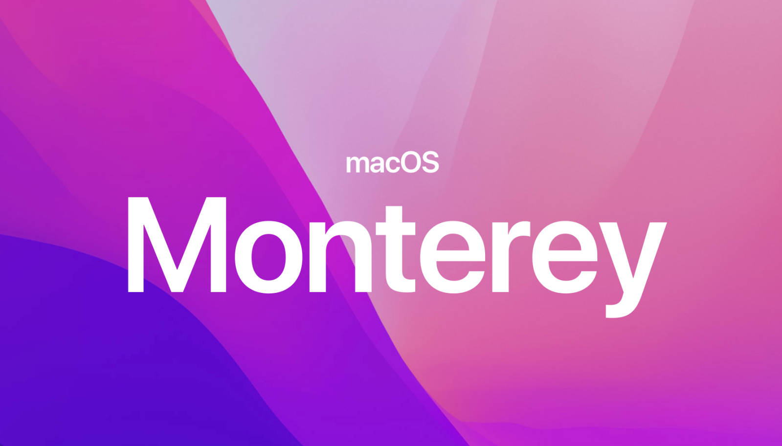 極簡漸層 macOS Monterey 壁紙 — 充滿活力的紫色和粉紅色抽象波浪在粗體白色 macOS Monterey 文字後方流動。