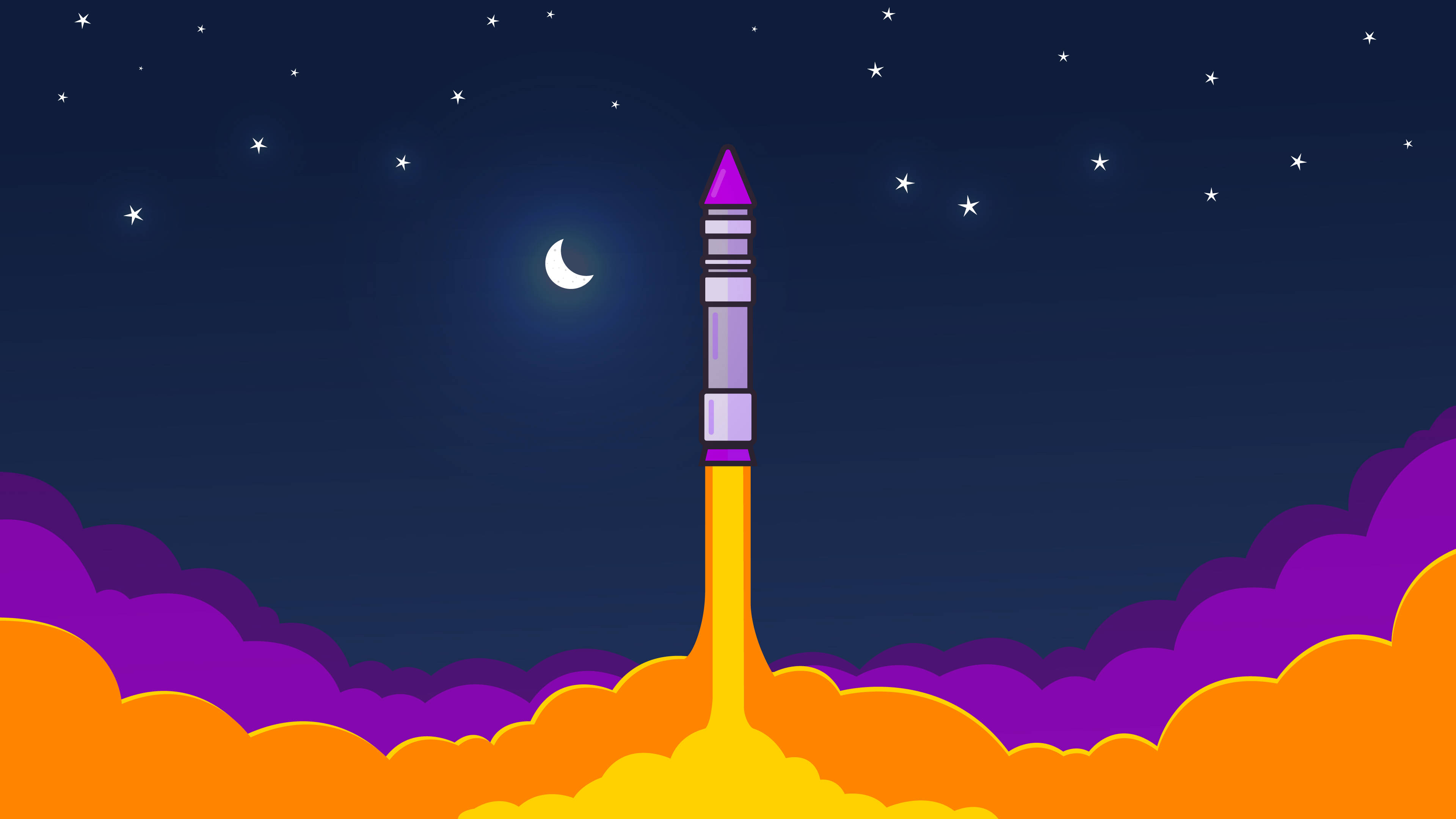 極簡火箭發射 壁紙 — 一艘風格化的紫色火箭在繁星點點的夜空下穿過色彩繽紛的雲層發射，伴隨著一彎新月。