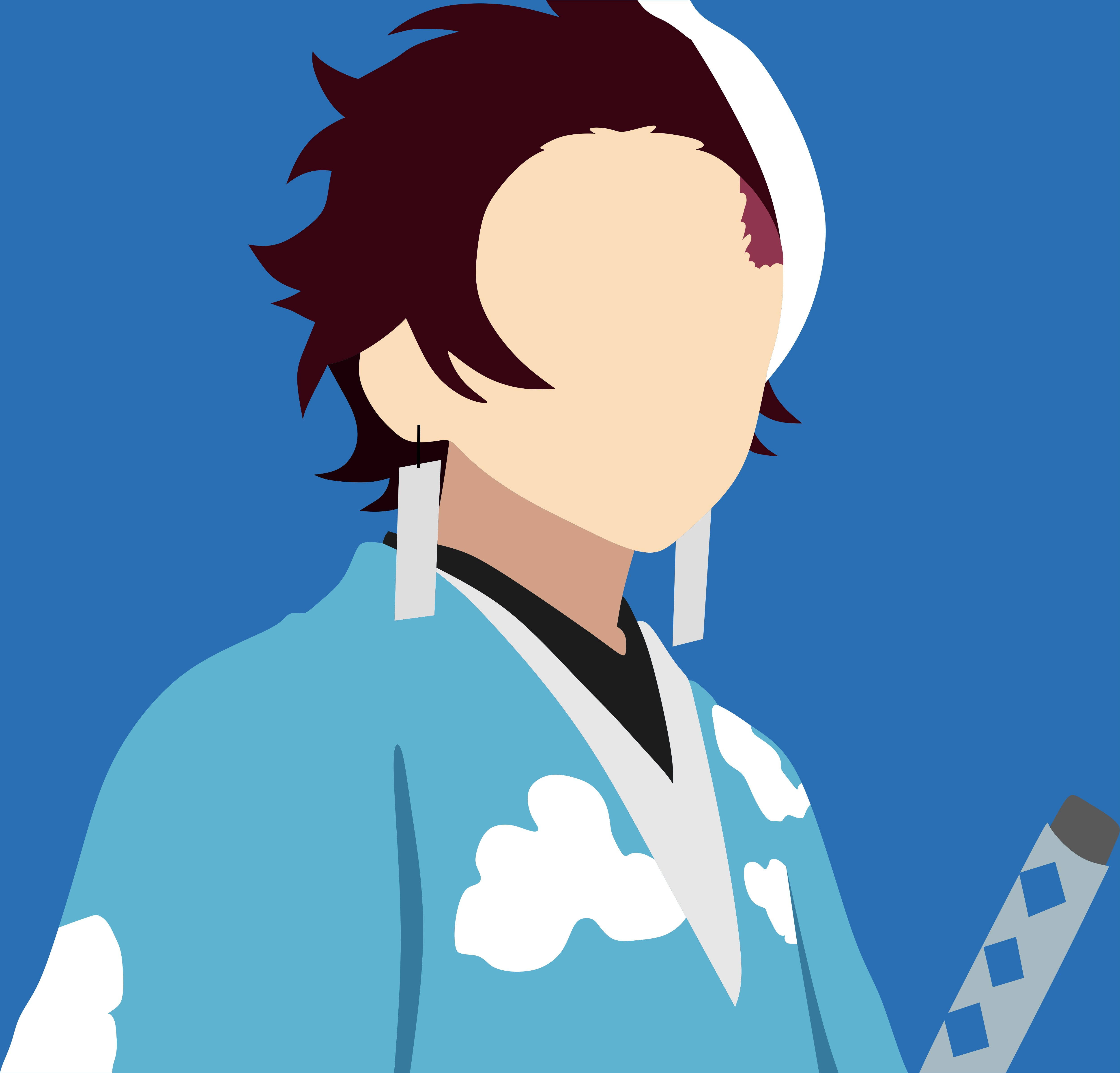 極簡無臉炭治郎PFP 壁紙 — 動漫角色身穿藍色雲紋和服，劍柄可見，背景為純藍色。