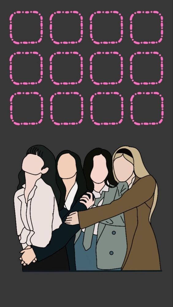 四位穿著商務服裝的女性擠在一起互相支持。