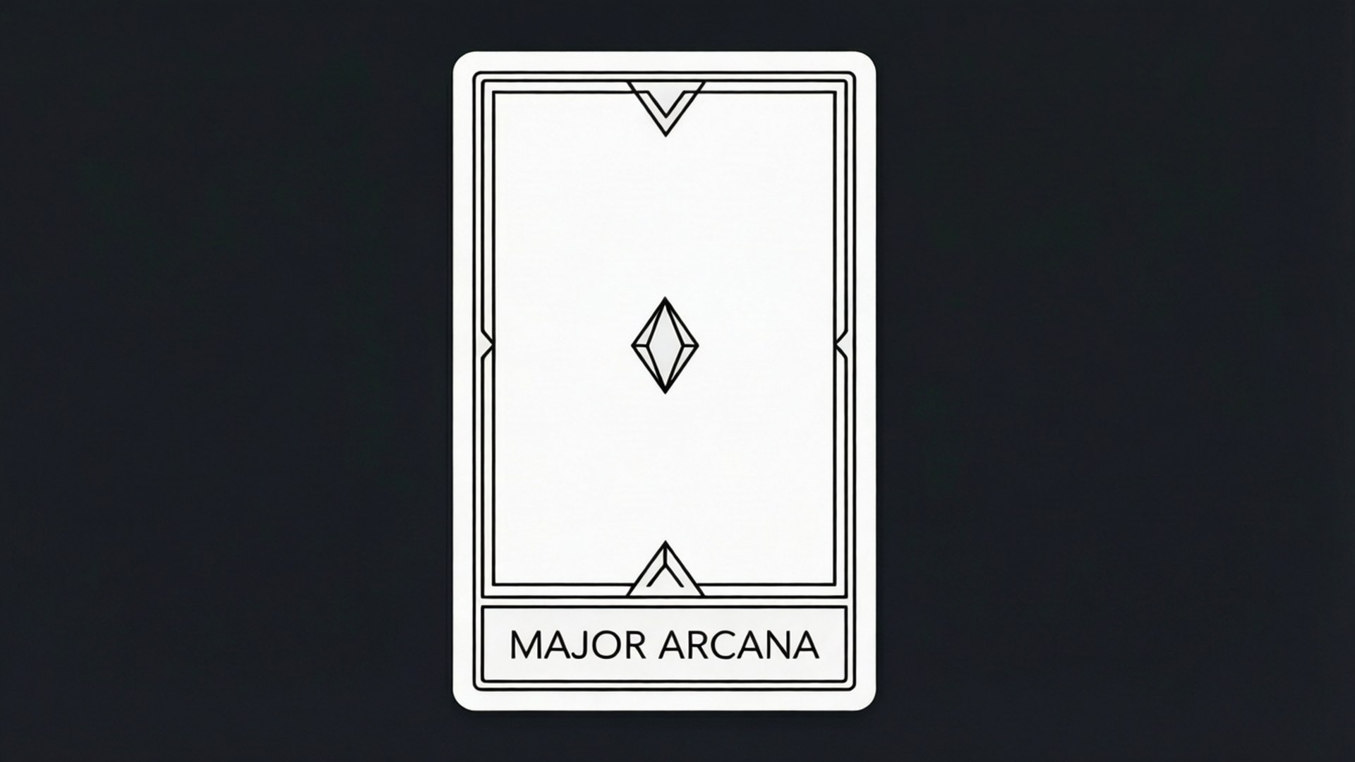 一張白色塔羅牌，標有 Major Arcana，在深色背景上帶有幾何符號。