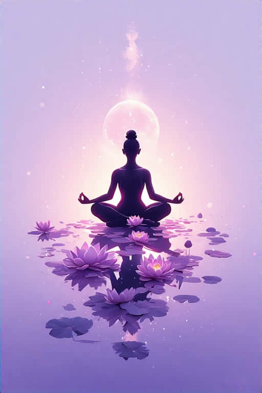 在紫色暮色中，一個人在發光的月亮下的睡蓮上冥想