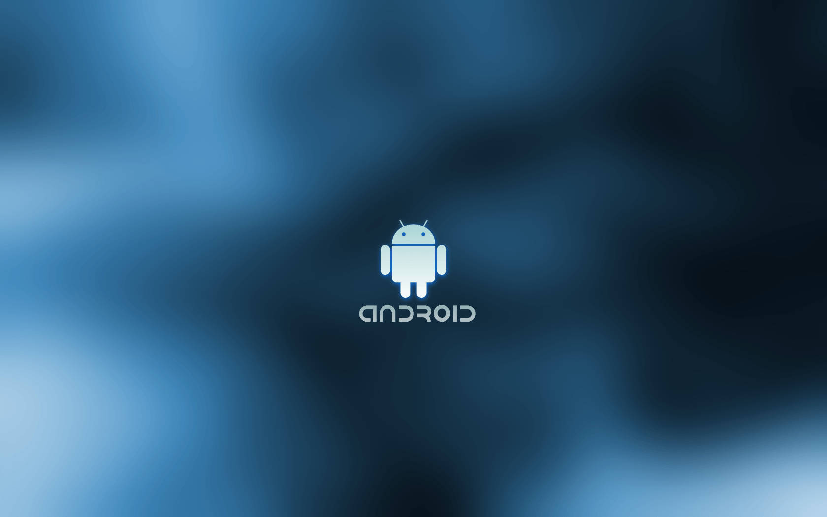 Android機械人標誌在藍色漸變背景上發出白光。