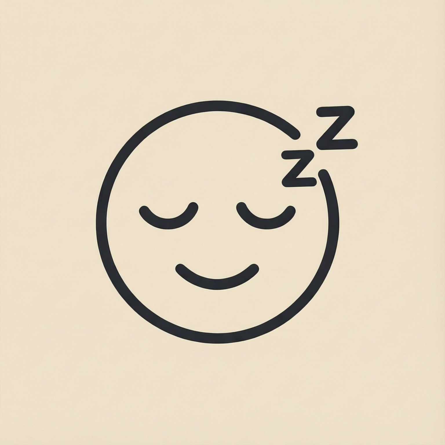 極簡睡眠 壁紙 — 一個極簡主義的黑色線條畫，畫面上是一個微笑的臉，閉著眼睛，頭頂上有zzz符號，背景是米色。
