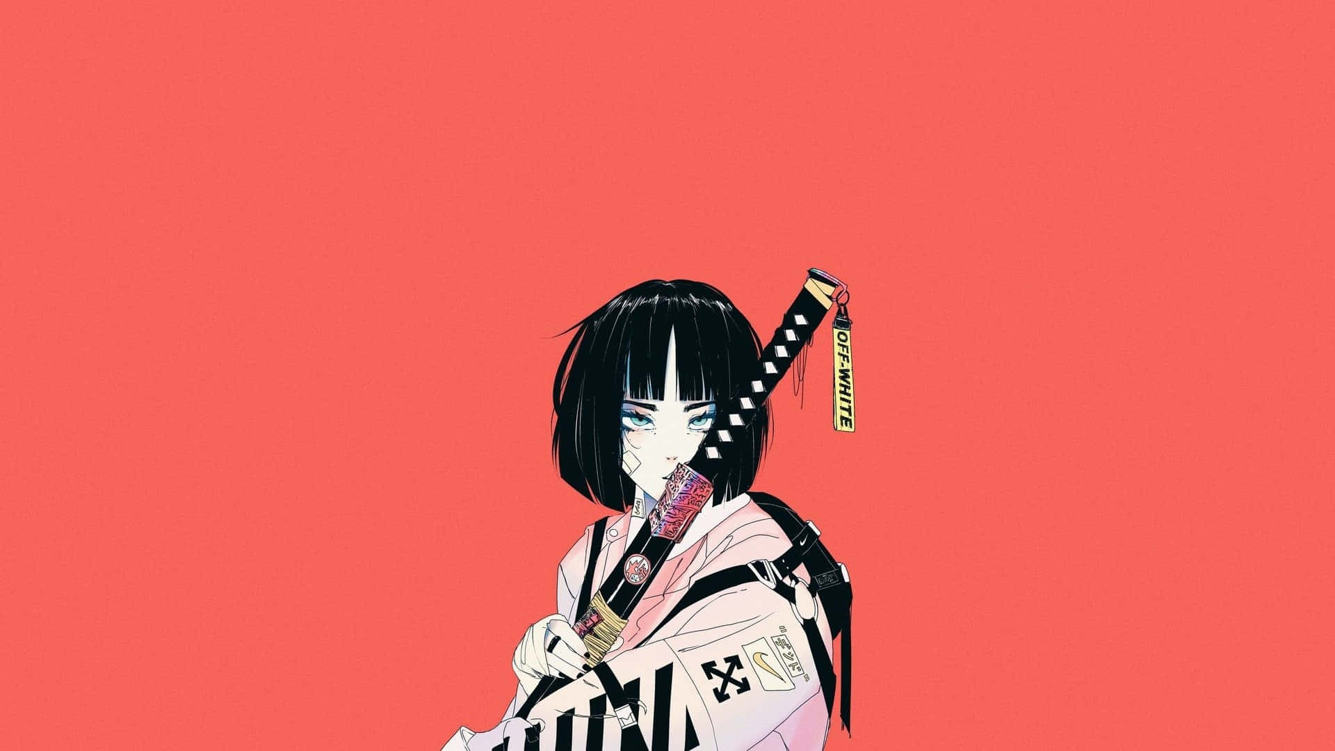 極簡米白色桌面 壁紙 — 短黑髮藍眼動漫女孩，在珊瑚色背景前手持帶有OFF WHITE標籤的武士刀。