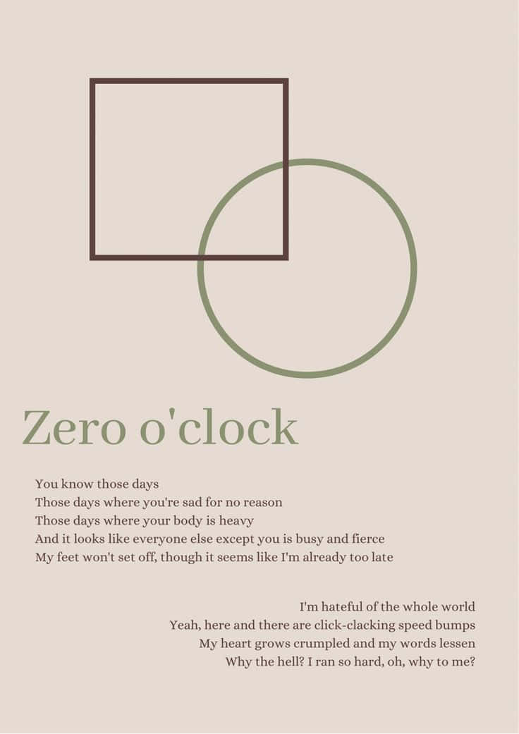 Bts Lyrics 桌布 壁紙 — 極簡米色背景，帶有重疊的正方形和圓形形狀，以及居中標題為 Zero o'clock 的詩意文字。