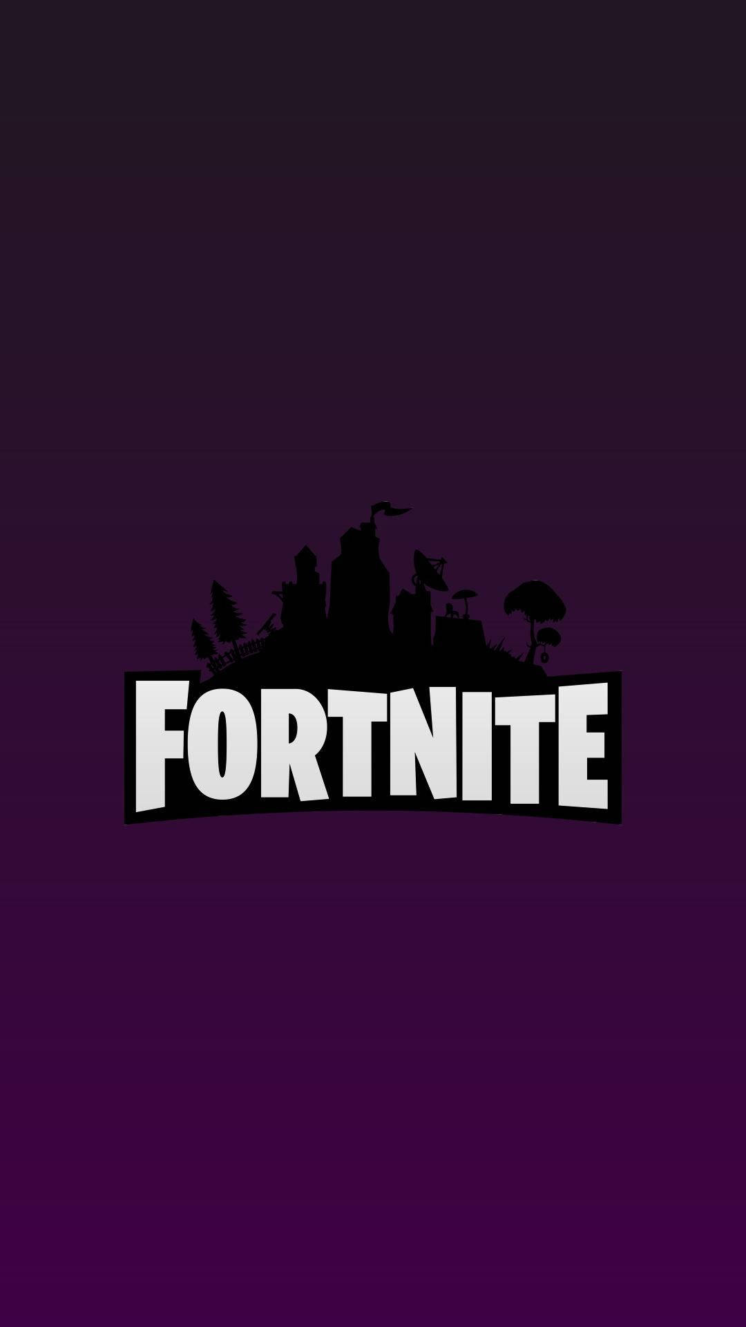 Fortnite 標誌帶有黑色天際線剪影在紫色漸變背景上。