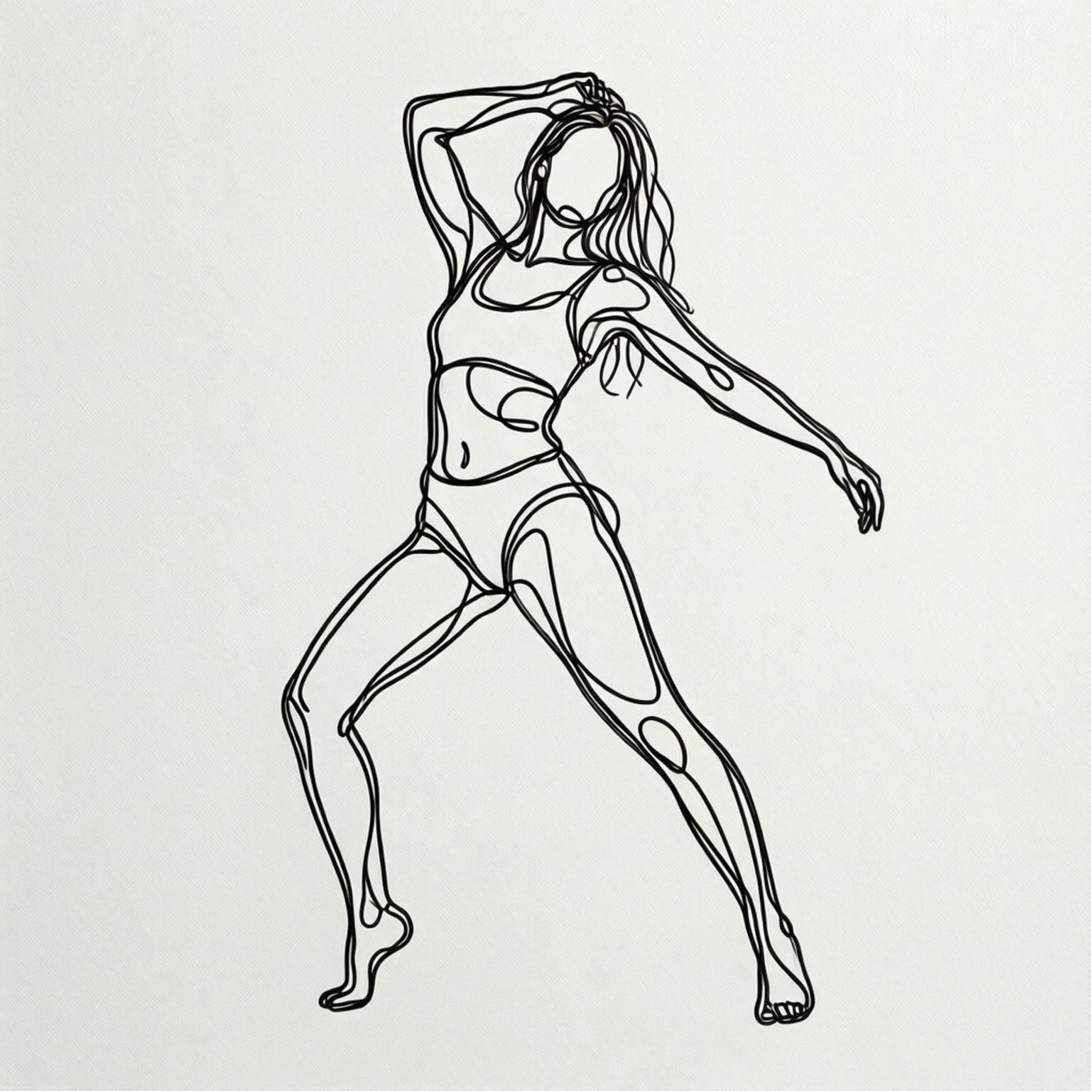 一位優雅的女性在流動的動作中跳舞，以優雅的黑色線條藝術描繪。
