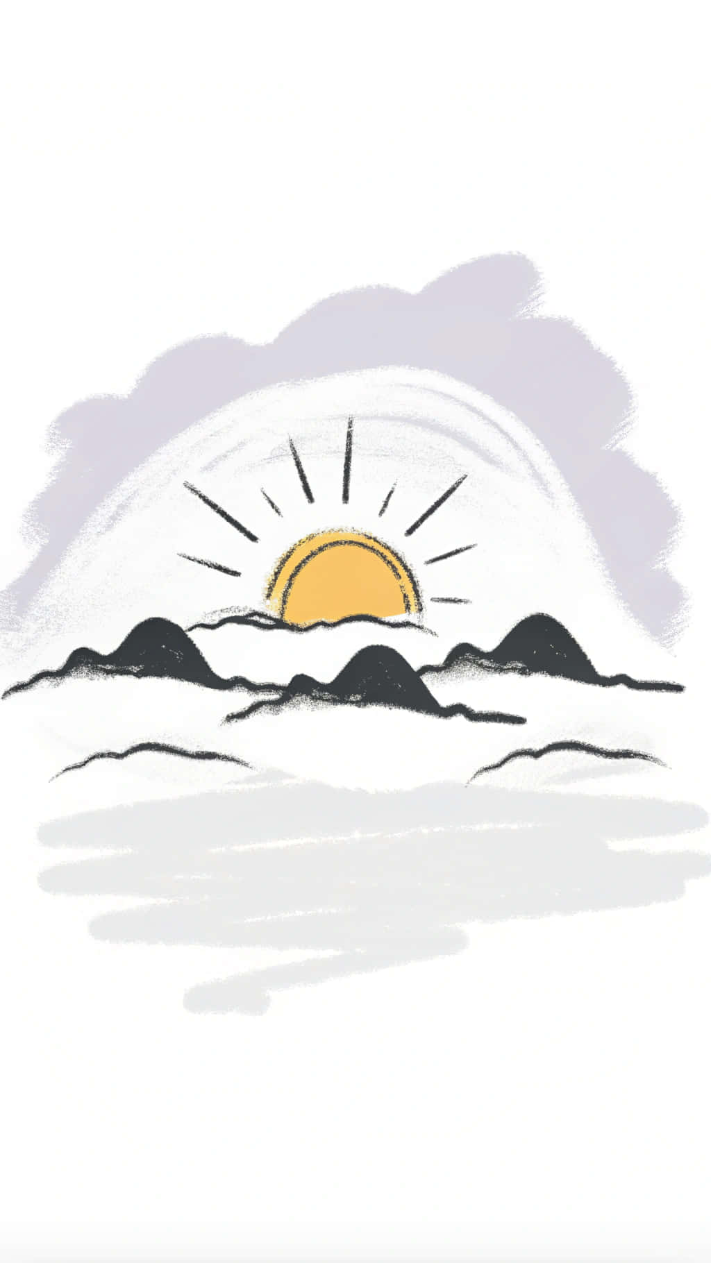 極簡線條畫 壁紙 — 一幅極簡插圖，描繪黃色太陽在黑色山峰上升起，伴隨著柔和的薰衣草色雲朵和白色筆觸。