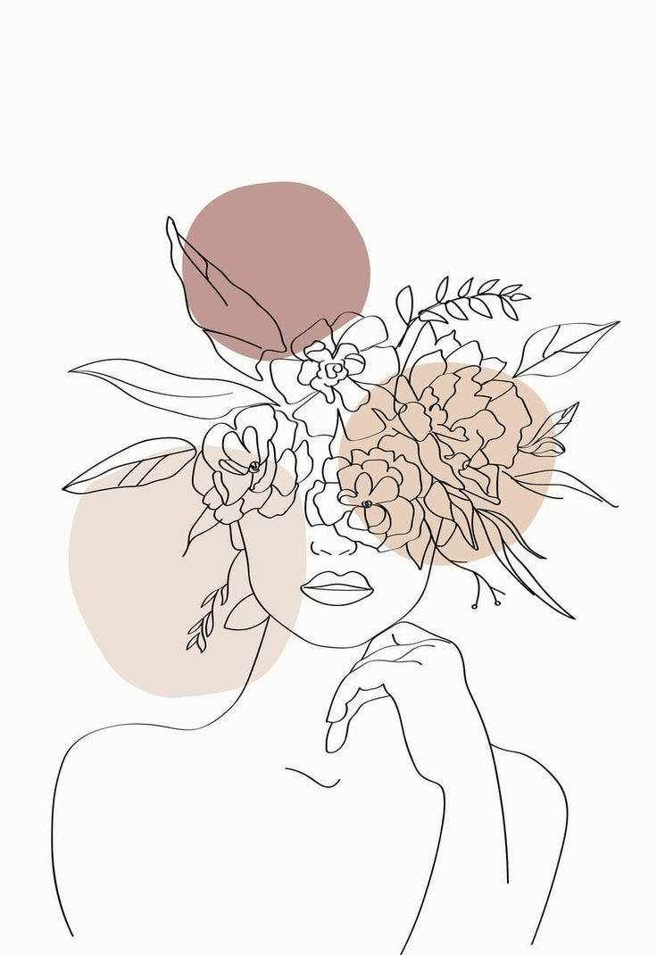 極簡線條美學繪畫 壁紙 — 白色背景上，一位戴著花冠的女性極簡線條畫，帶有柔和胭脂色調。