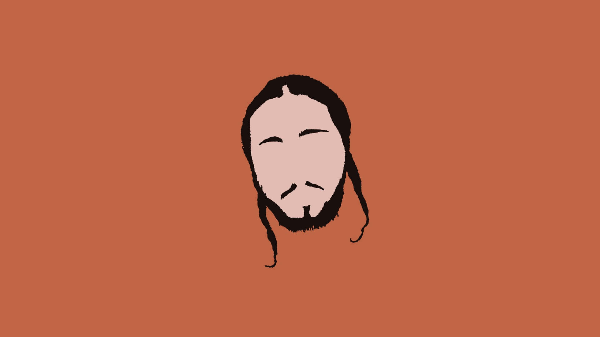 Post Malone 桌布 壁紙 — 極簡線條藝術插圖，描繪一張平靜的臉，長髮和鬍鬚，背景為純色陶土色。