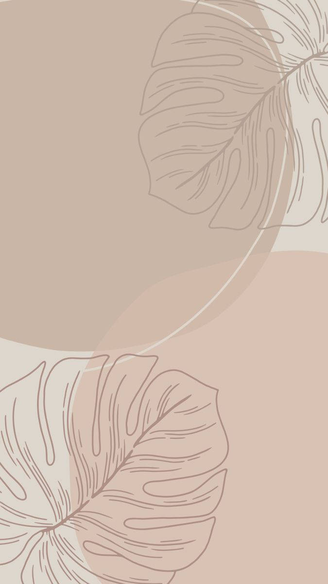 Beige Aesthetic Phone 桌布 壁紙 — 極簡線條藝術的龜背竹葉優雅地漂浮在柔和的米色和灰褐色圓形漸變上。